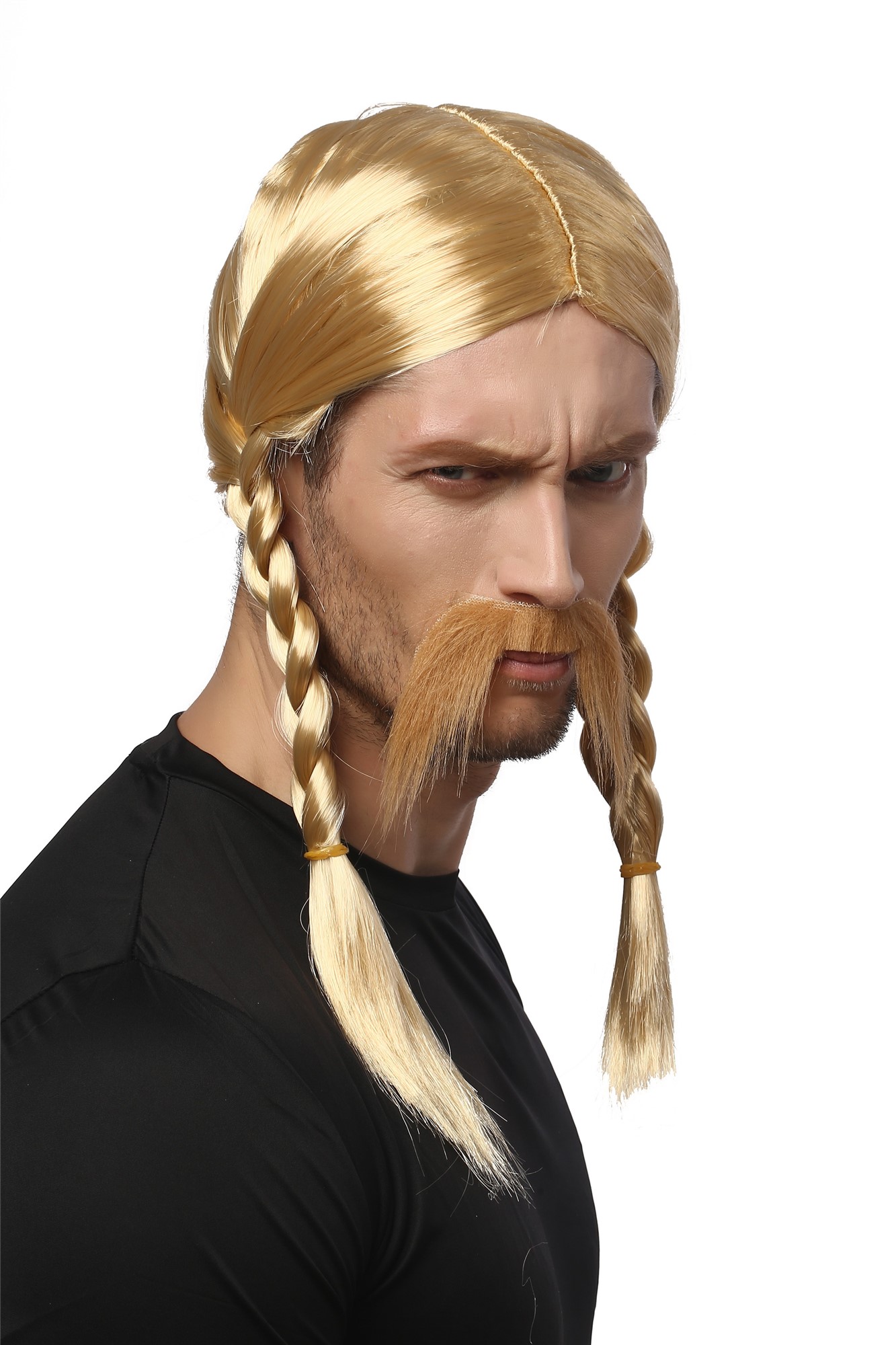 Man Gents Party Wig & Mustache Set Halloween Fancy Dress blond long braids braided Gaul Viking Celt, front view, WIG ME UP: Your Perücken Online Shop Party Wig, Men, Blonde, Braided, shoulder-length
