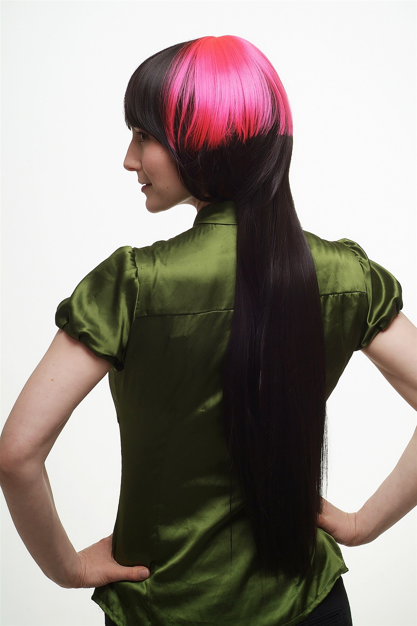 hochwertige Qualitätsperücken, Perücke Bob hinten lang dunkelbraun pink SA039-4/TF2313, Ansicht 2, WIG ME UP: Ihr Perücken Online Shop glatte Tressen-Perücke mit Kopfhaut-Imitat dunkelbraun sehr lange Haare für Damen