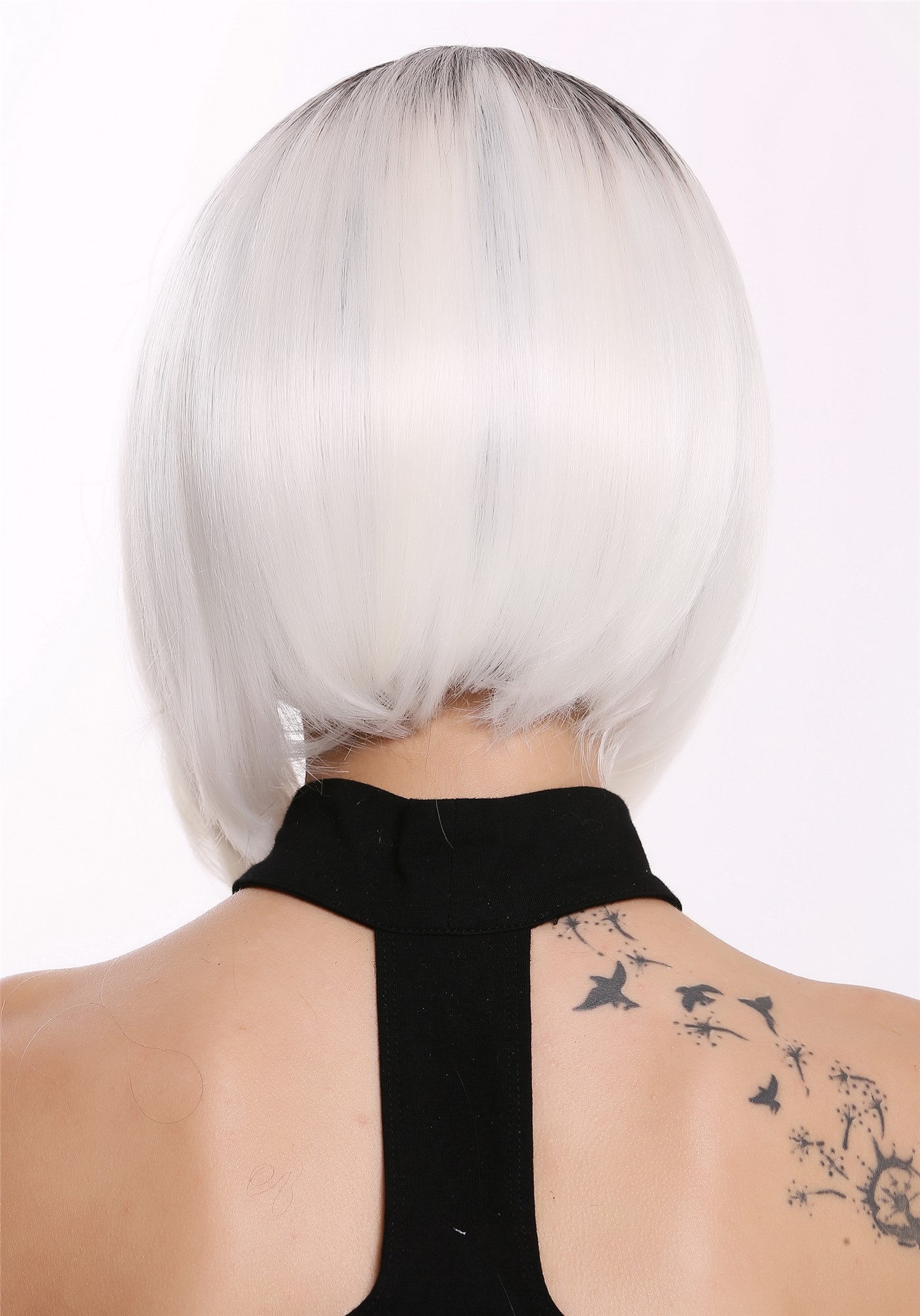 Quality Wigs, Ladies, deep black and flower white mix, straight, shoulder-length