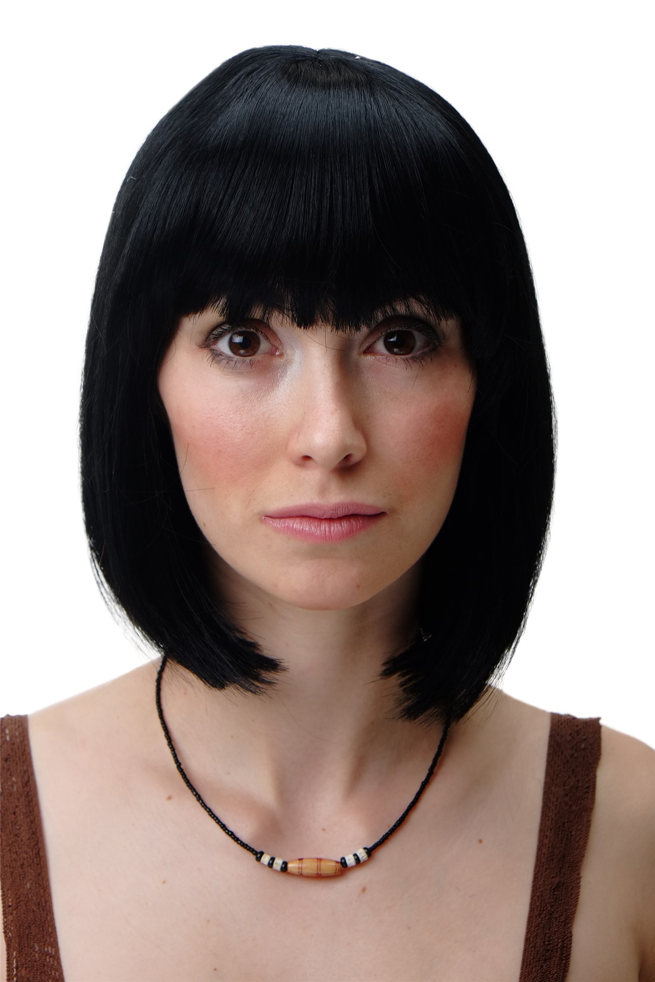 hochwertige Qualitätsperücken, Perücke Damen Bobfrisur Long Bob Pony glatt Schwarz 7803-1, Vorderansicht, WIG ME UP: Ihr Perücken Online Shop glatte Tressen-Perücke mit Kopfhaut-Imitat Schwarz kurze Haare für Damen