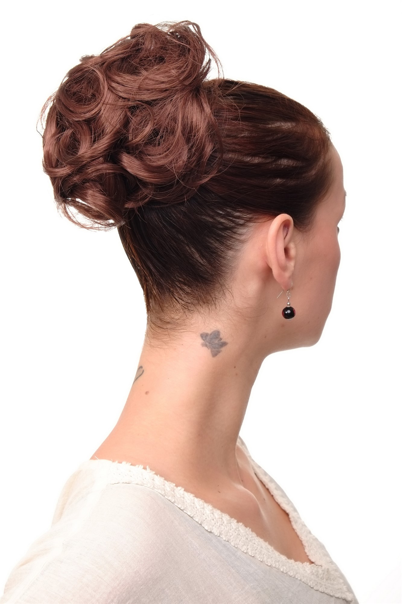 Dutt Haarknoten 60er lockig rotbraun Modell: NHA-004A, Vorderansicht, WIG ME UP: Ihr Perücken Online Shop lockiger Dutt Haarteil Mahagonibraun