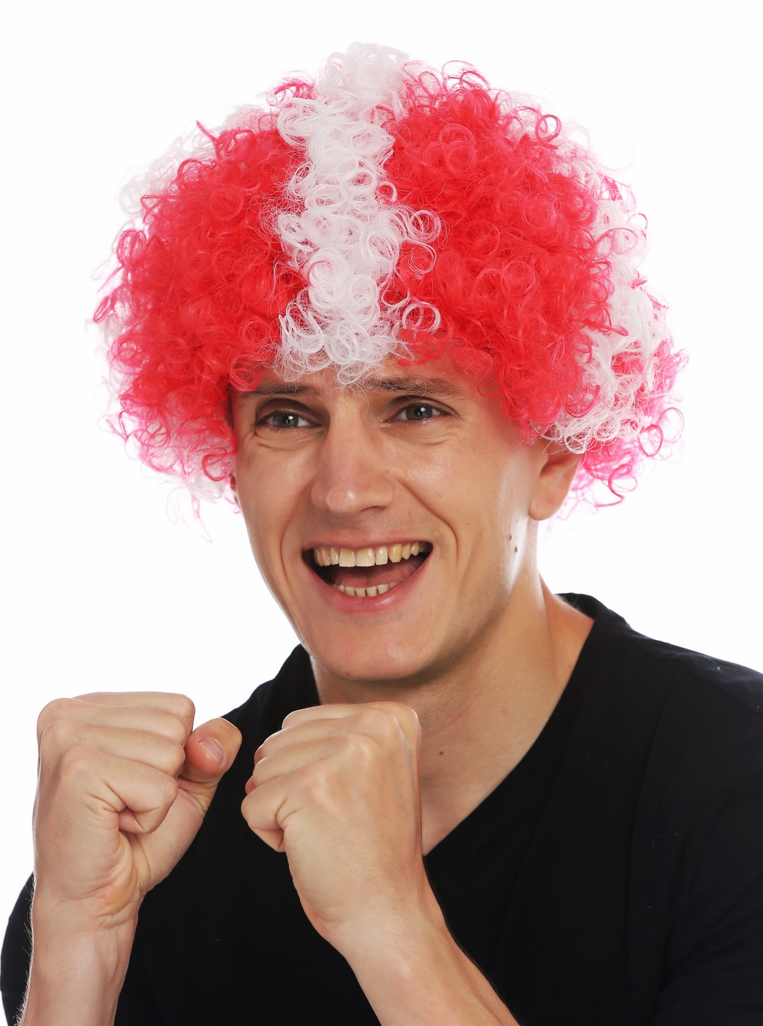 Fan wig afro soccer football world cup white cross on red Switzerland MMAM-15M , front view, WIG ME UP: Your Perücken Online Shop Party Wig, Unisex, red-white mix, curled, short