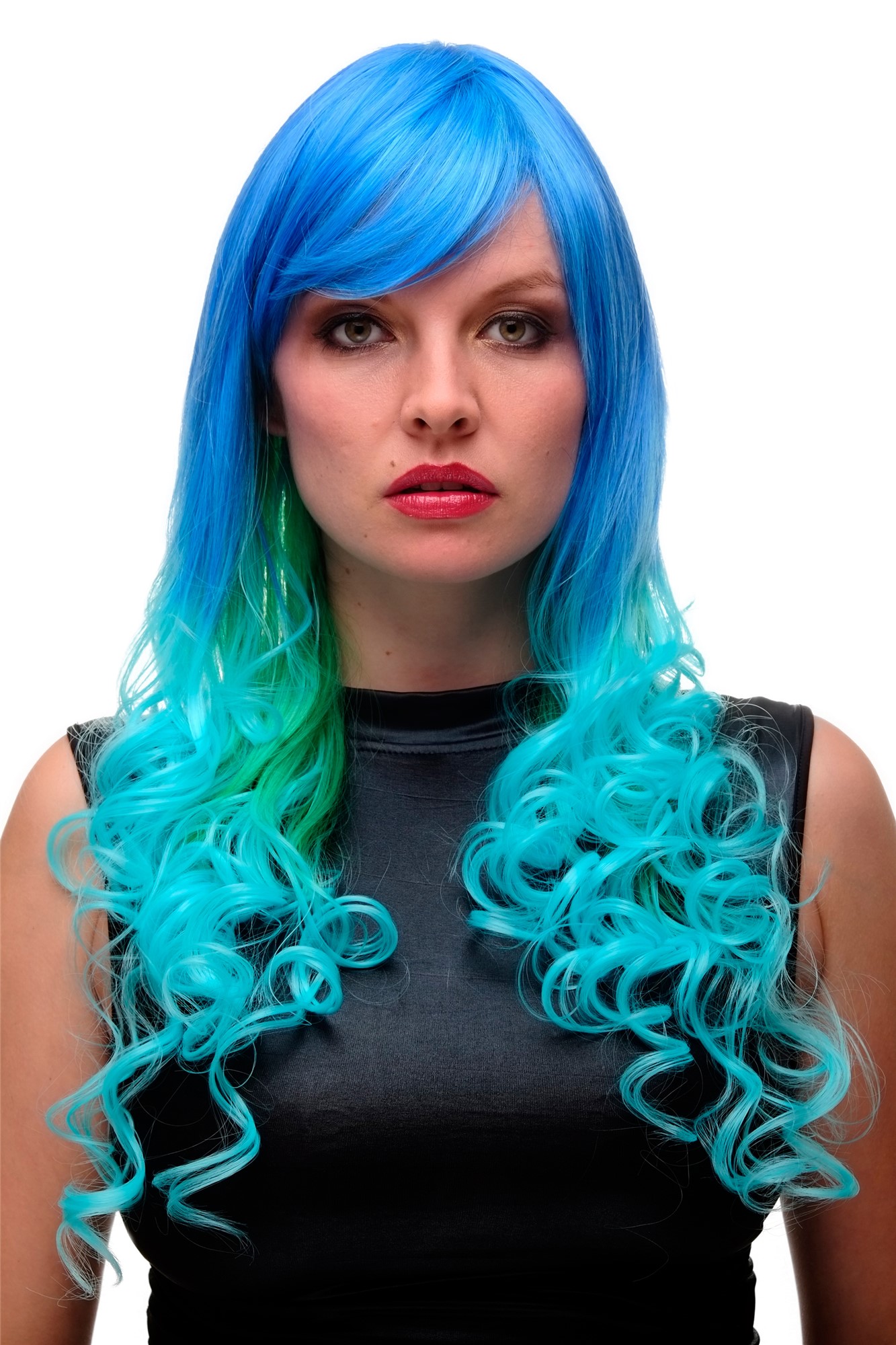 Quality Wigs, Ladies, Turquoise Green Blue Mix, curled, long