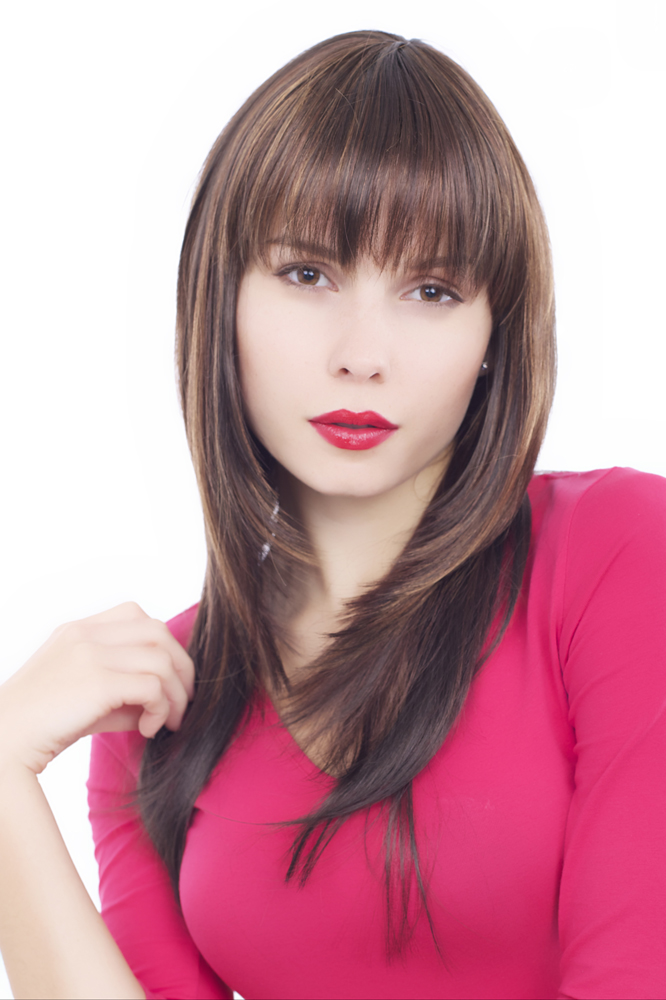 hochwertige Qualitätsperücken, Perücke brünett Pony langes glattes Haar GFW14-F237, Vorderansicht, WIG ME UP: Ihr Perücken Online Shop glatte Tressen-Perücke Hellbraun-Dunkelbraun-Mix lange Haare für Damen