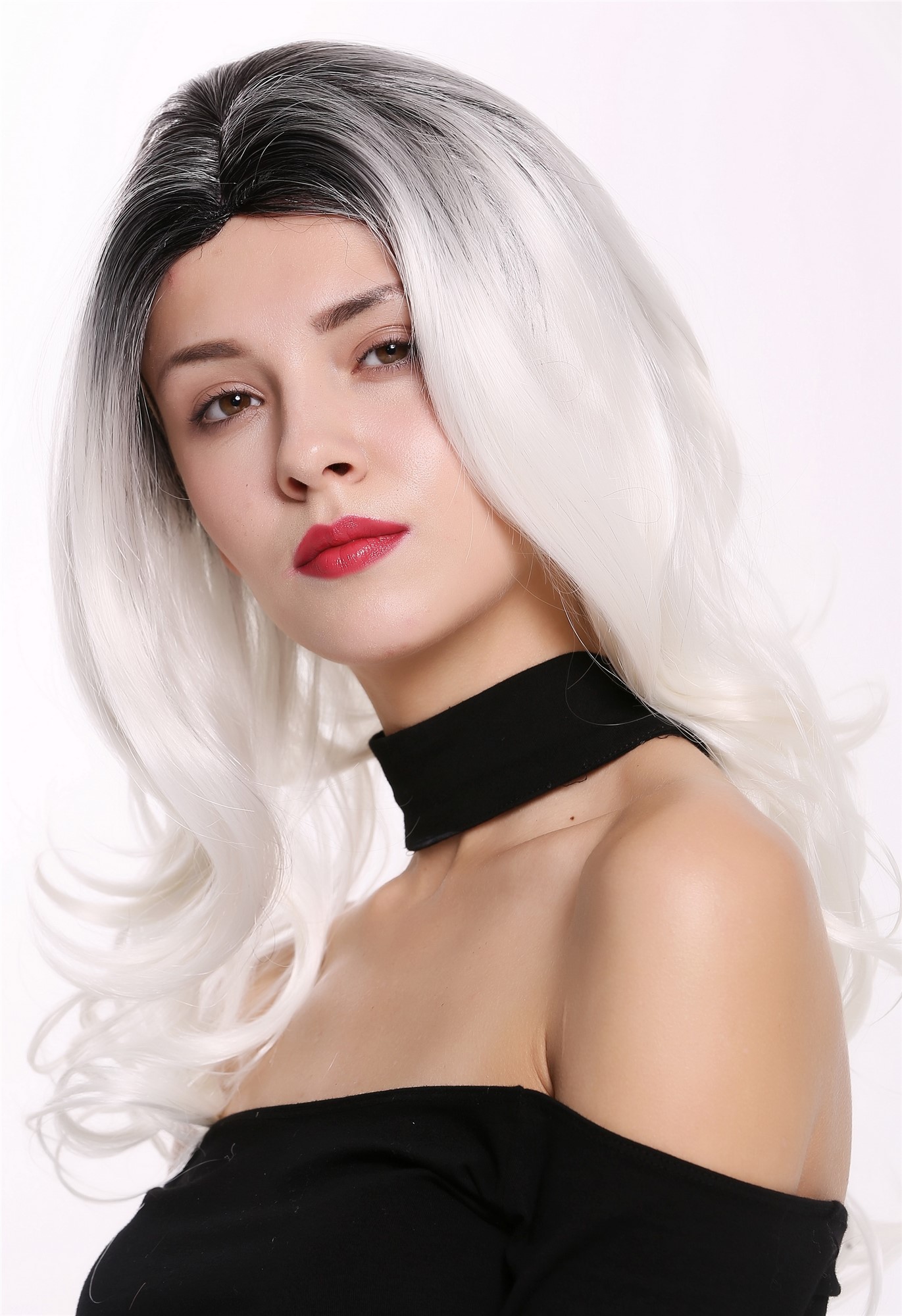 hochwertige Qualitätsperücken, Perücke Lang Gewellt Mittelscheitel Ombre Schwarz Weiß DW1595-YS1+882, Ansicht 3, WIG ME UP: Ihr Perücken Online Shop wellige Tressen-Perücke mit Kopfhaut-Imitat Tiefschwarz-Blütenweiß-Mix lange Haare für Damen