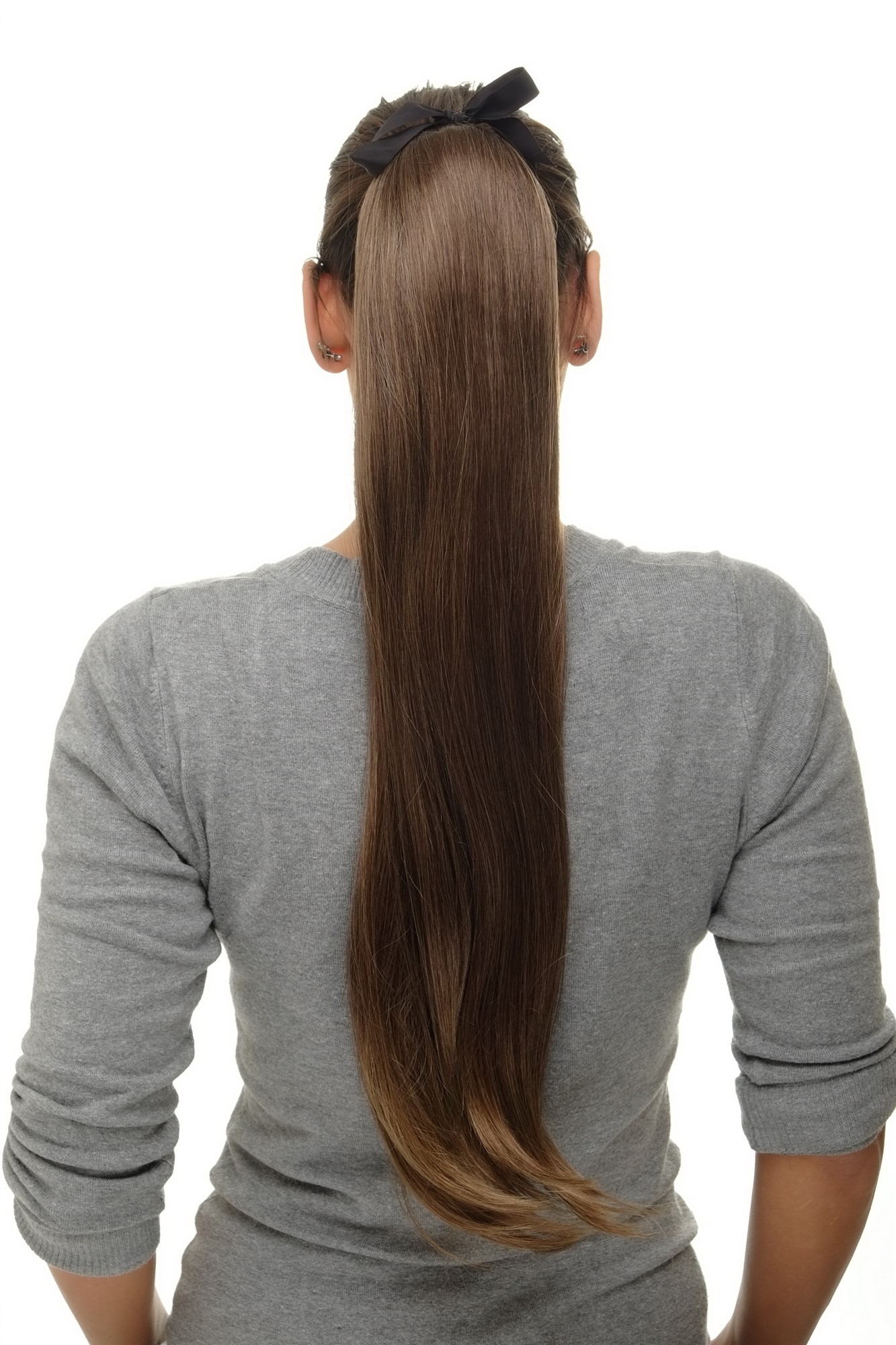 Hairpiece PONYTAIL (comb & ribbon wrap-around system) extension full volume long straight brown, front view, WIG ME UP: Your Perücken Online Shop Ponytails, medium brown-light brown mix, straight, long