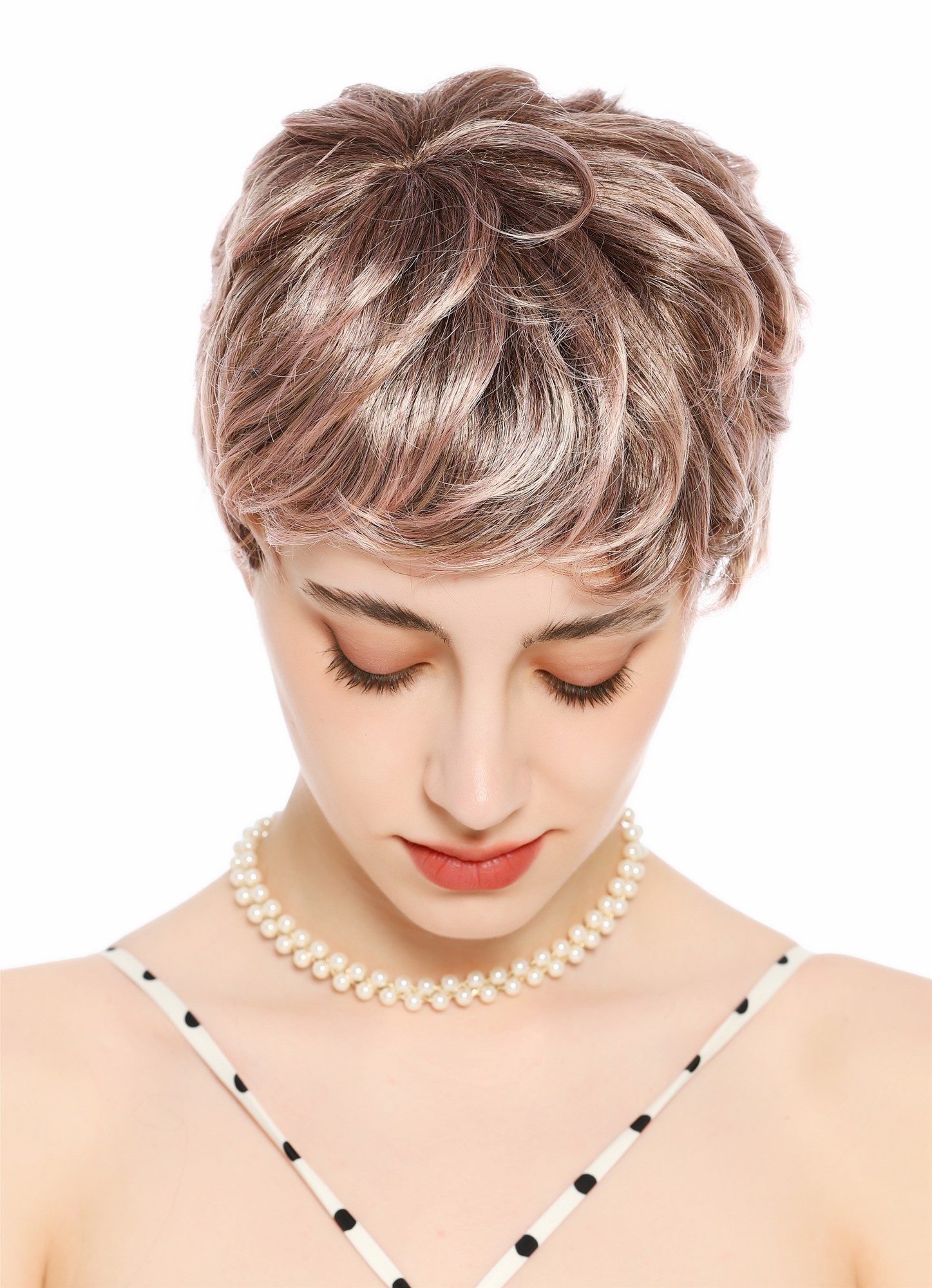 Perücke Damen Herren burschikos androgyn unsisex kurz wild gewellt Blond Mix Rosa Strähnchen VK-72-2215T
