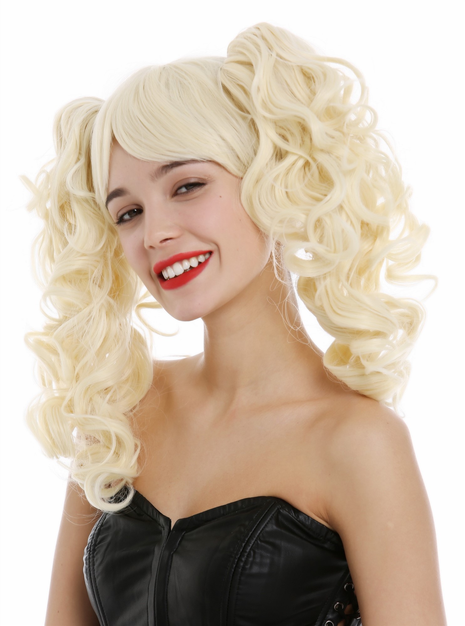 hochwertige Qualitätsperücken, Perücke Lolita kurz Zwei lange lockige Zöpfe Hellblond ZM-1184-613, Vorderansicht, WIG ME UP: Ihr Perücken Online Shop lockige Tressen-Perücke Hellblond schulterlange Haare für Damen