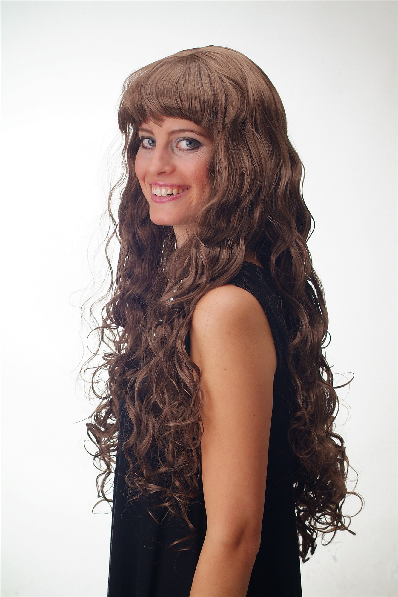 Lady wig very long wavy slightly curled fringe bangs light brown brunette 33002A, view 2, WIG ME UP: Your Perücken Online Shop Quality Wigs, Ladies, Dark golden brown, curled, very long