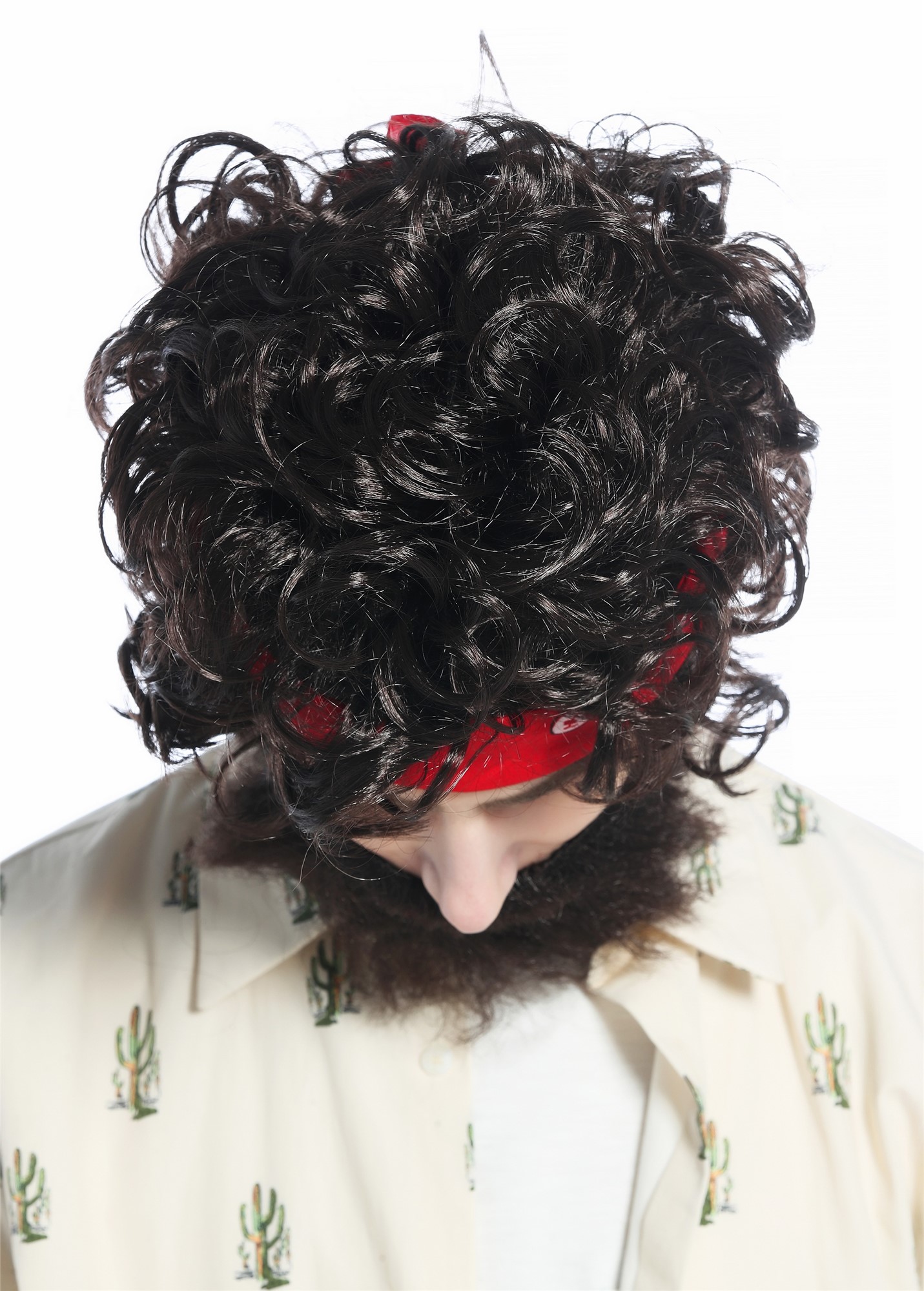 günstige Party Perücke, Perücke Stirnband Bart braun lockig Hippie 70er 80er Retro CW-036-P2, Ansicht 5, WIG ME UP: Ihr Perücken Online Shop lockige Party Perücke Dunkelbraun kurze Haare für Herren