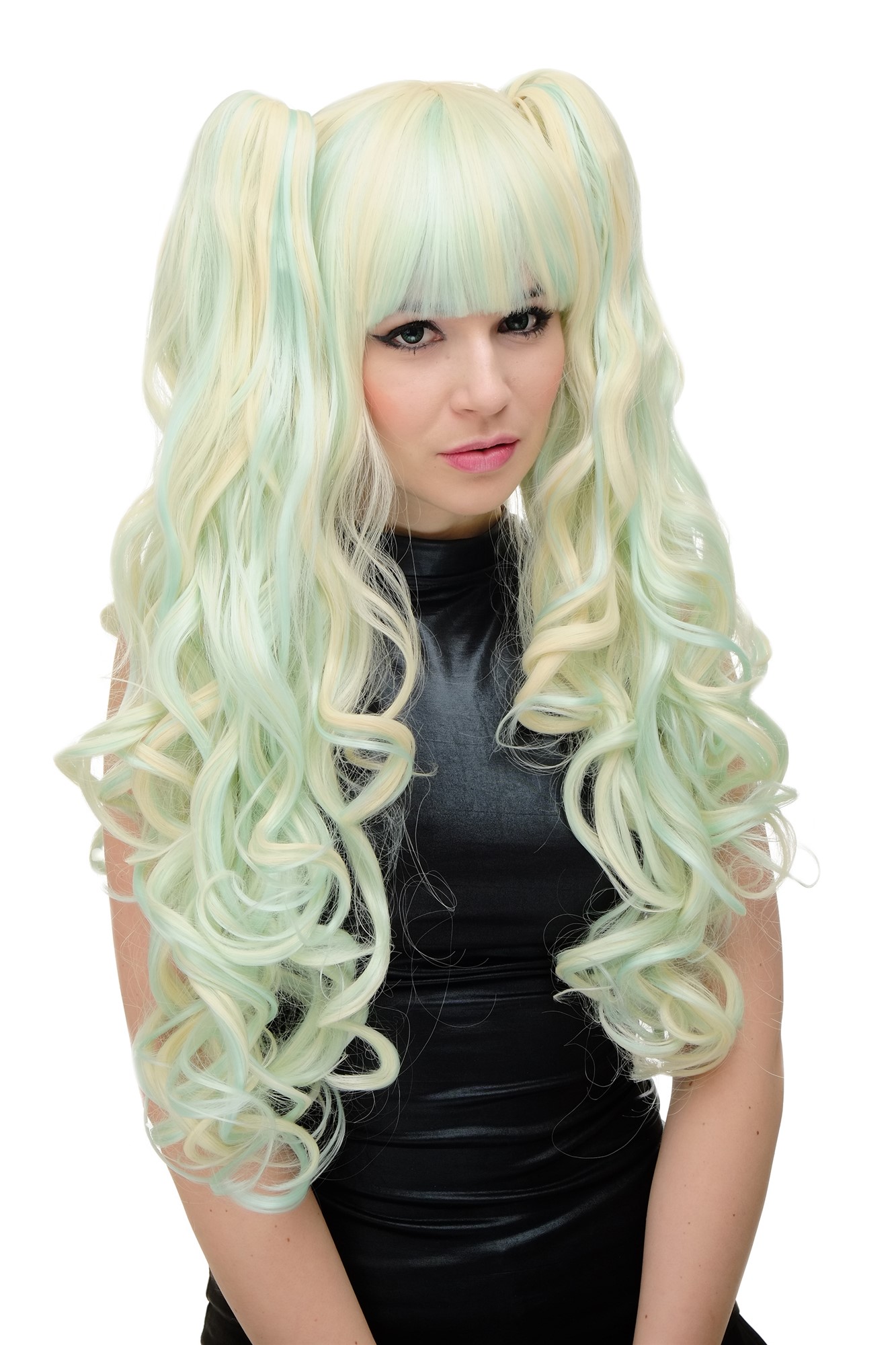 hochwertige Qualitätsperücken, Perücke Cosplay Lang Zöpfe Hellblond Hellblau YZF-7092L+A-T5507/613, Vorderansicht, WIG ME UP: Ihr Perücken Online Shop lockige Tressen-Perücke mit Kopfhaut-Imitat Lichtblond-Hellgrün sehr lange Haare für Damen