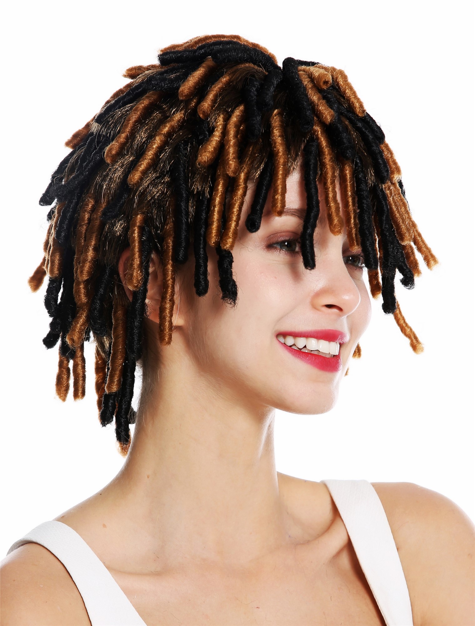 Party wig corkscrew curls afro short voluminous Rasta dreads black brown DH1110, view 2, WIG ME UP: Your Perücken Online Shop Party Wig, Unisex, Black,Dark Blonde, curled, short