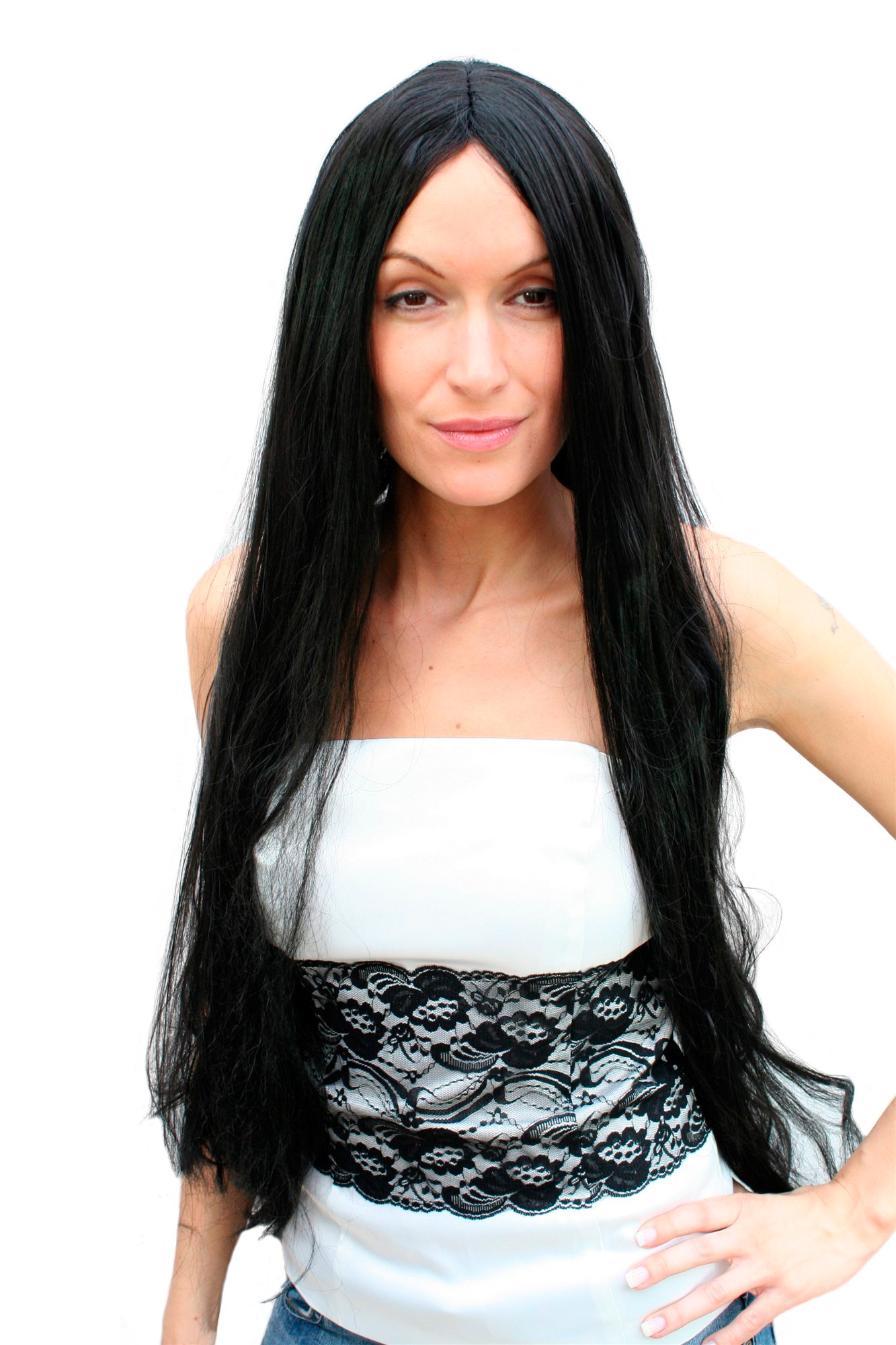 günstige Party Perücke, Karneval: Superlange schwarze Perücke mit Mittelscheitel TH46, Vorderansicht, WIG ME UP: Ihr Perücken Online Shop glatte Party Perücke Schwarz sehr lange Haare für Damen
