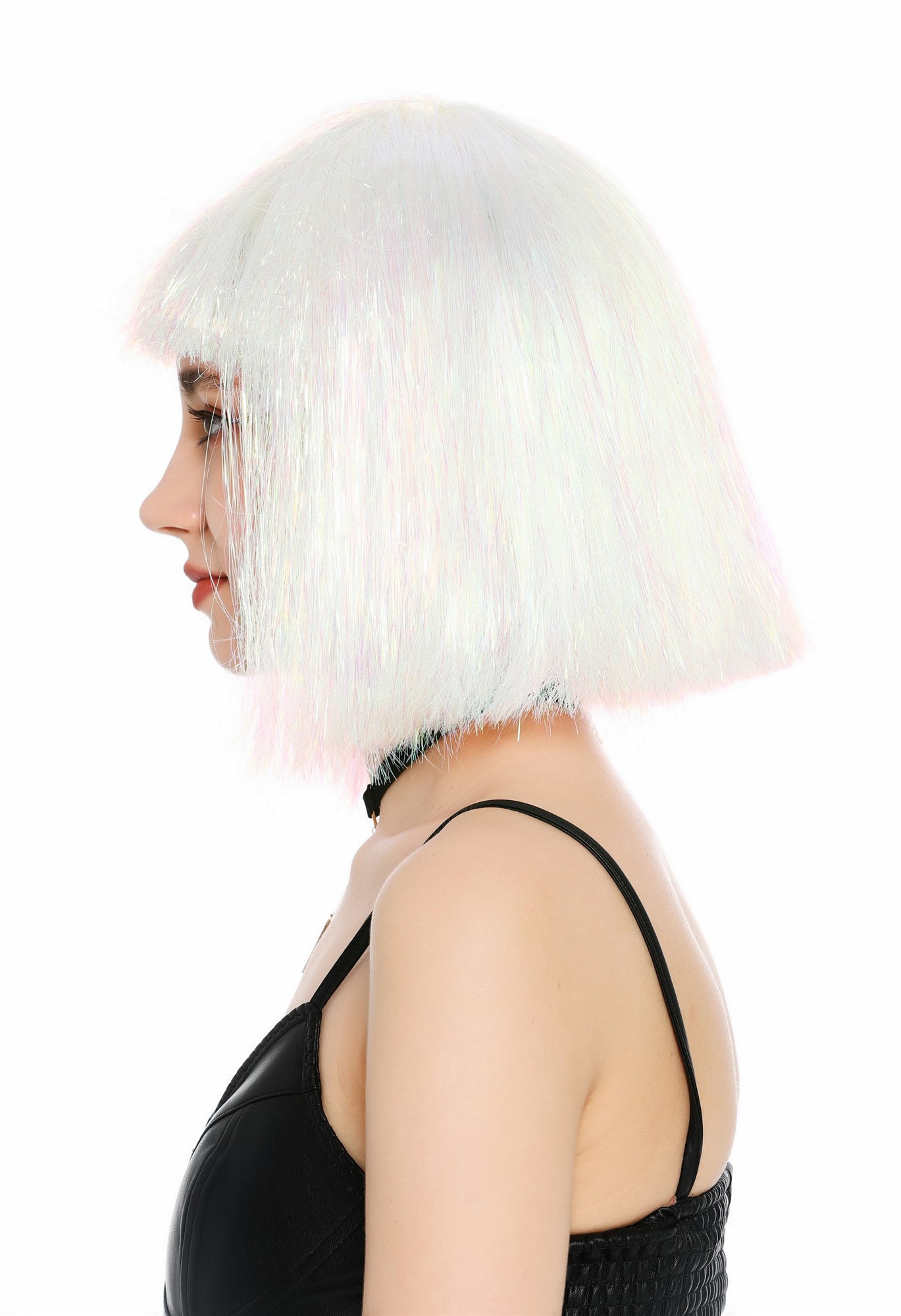 Perücke Damen Glitzer Lametta Tinsel Look Longbob Pony Disco Glam Weiß Rosa VK-42-TN13