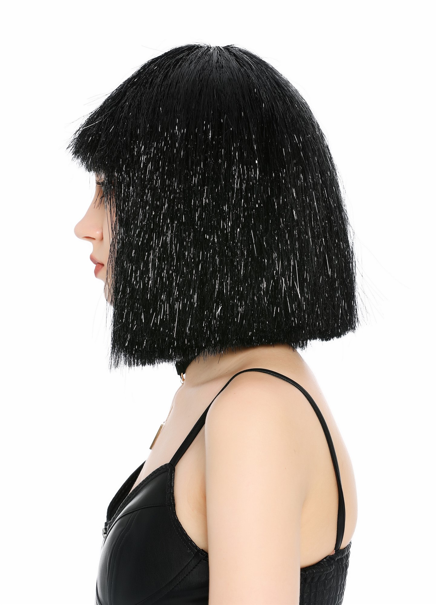 Perücke Damen Glitzer Lametta Tinsel Look Longbob Pony Disco Glam Schwarz VK-42-TN18