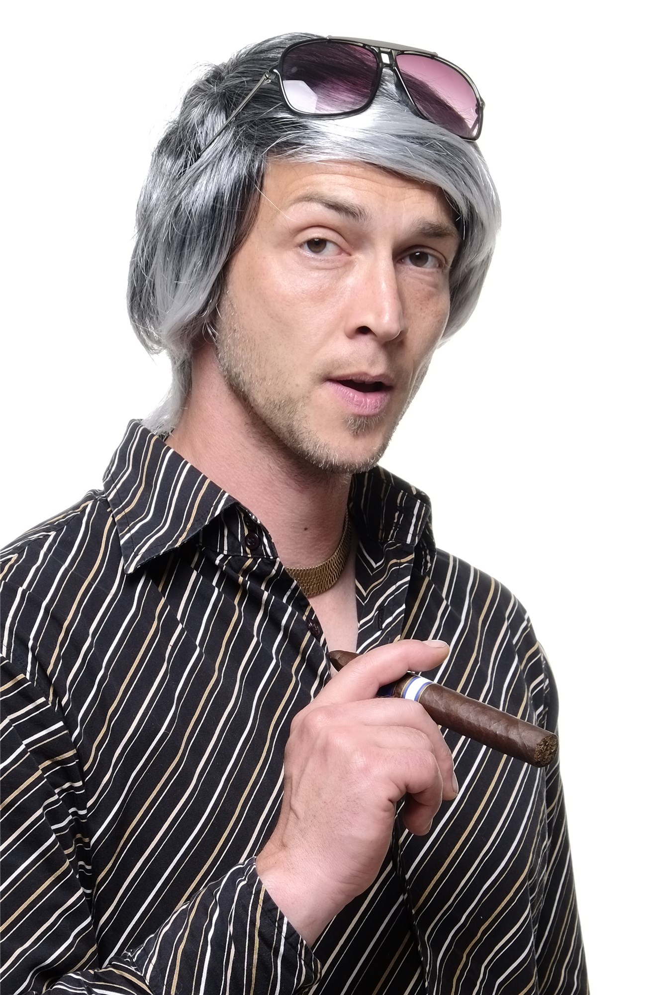 Party wig men women black with strands of silver grey gray playboy Gigolo 68875, front view, WIG ME UP: Your Perücken Online Shop Party Wig, Men, black-silver-gray mix, straight, short
