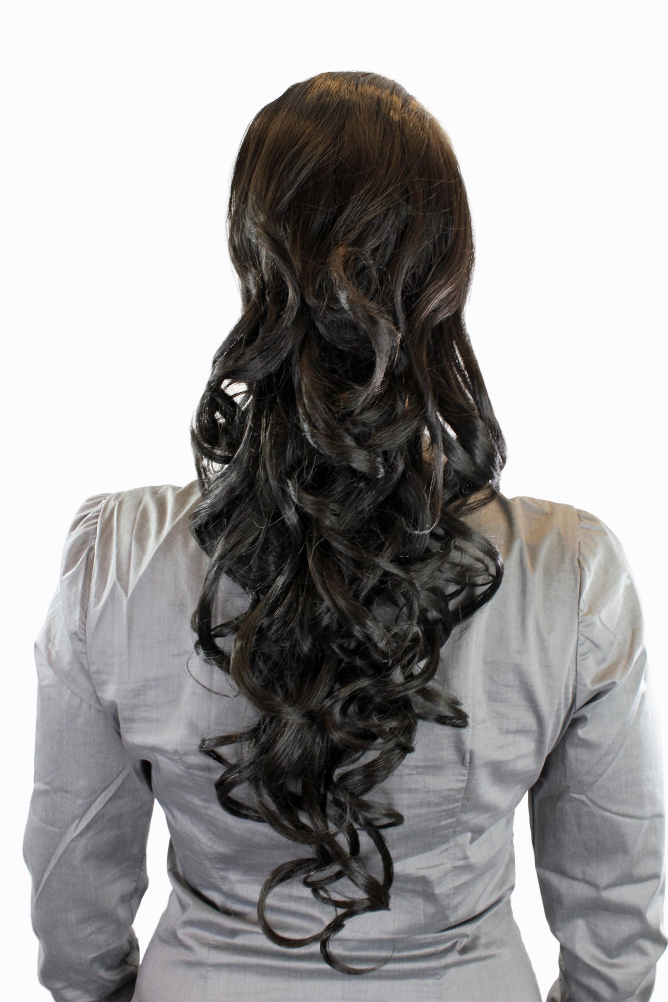 hochwertiges Haarteil Zopf Steckkämme & Gummizug sehr lang lockig Schwarzbraun WK03-2, Vorderansicht, WIG ME UP: Ihr Perücken Online Shop lockiges Zopf-Haarteil Schwarzbraun 60 cm lang