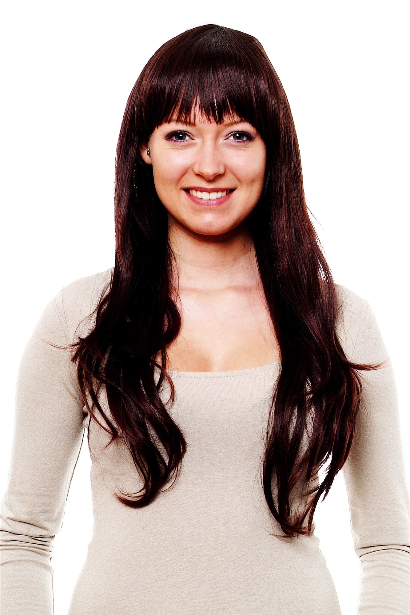 hochwertige Qualitätsperücken, Dunkelbraune/Kastanienbraune Perücke glatte Haare und gerader Pony H9115-2T33, Ansicht 6, WIG ME UP: Ihr Perücken Online Shop glatte Tressen-Perücke mit Kopfhaut-Imitat Braun lange Haare für Damen