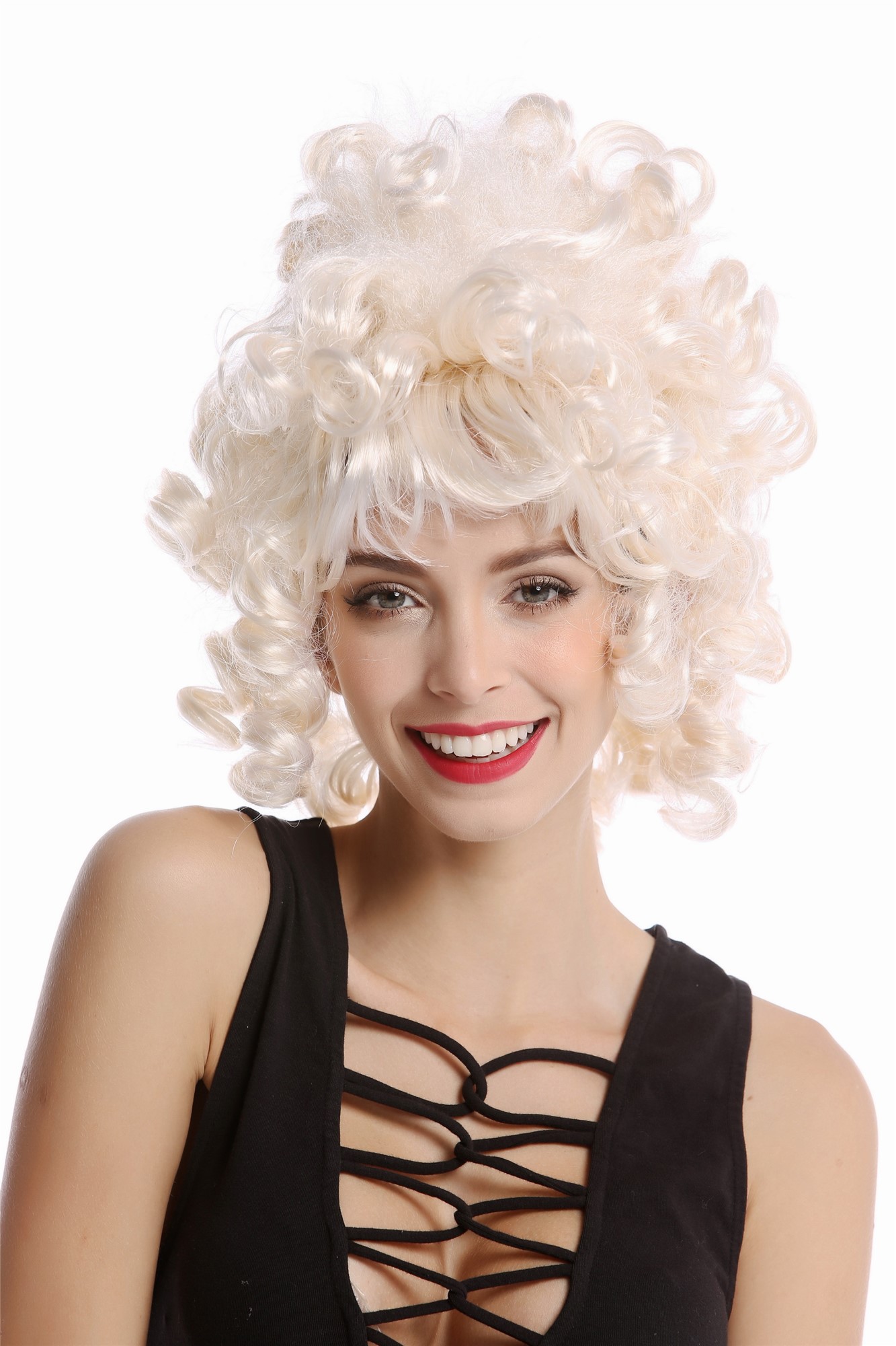 Wig Lady Women Halloween Baroque Rococo short teased beehive ringlets whiteish blond Noble Queen, front view, WIG ME UP: Your Perücken Online Shop Party Wig, Ladies, Blonde, curled, shoulder-length
