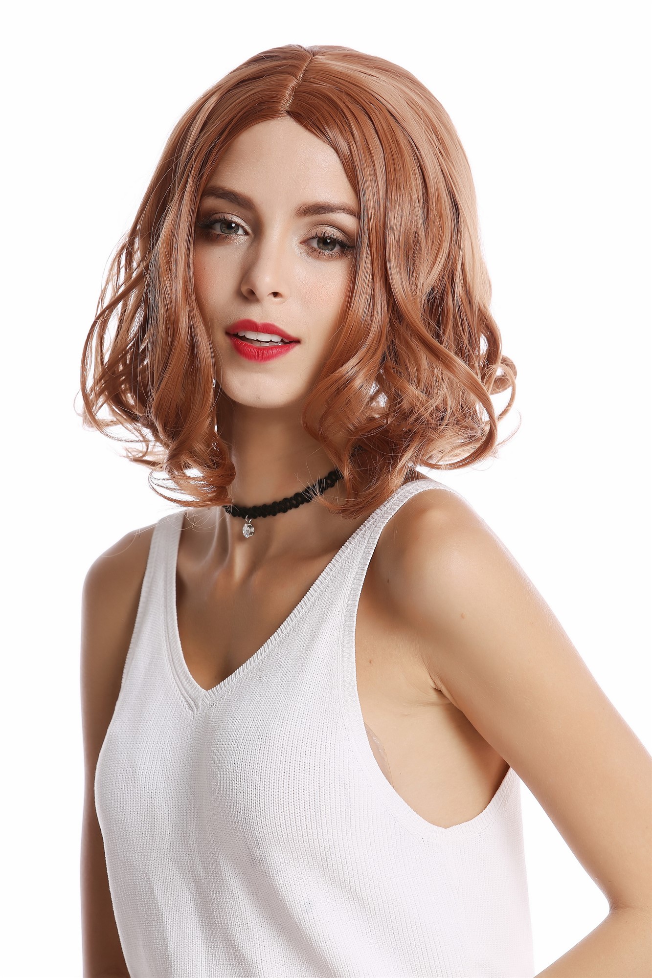 Lady  Wig short shoulder length Bob Longbob wavy curly middle-parting blond copper blond, front view, WIG ME UP: Your Perücken Online Shop Quality Wigs, Ladies, Copper blonde and golden blonde: highlighted, wavy, short