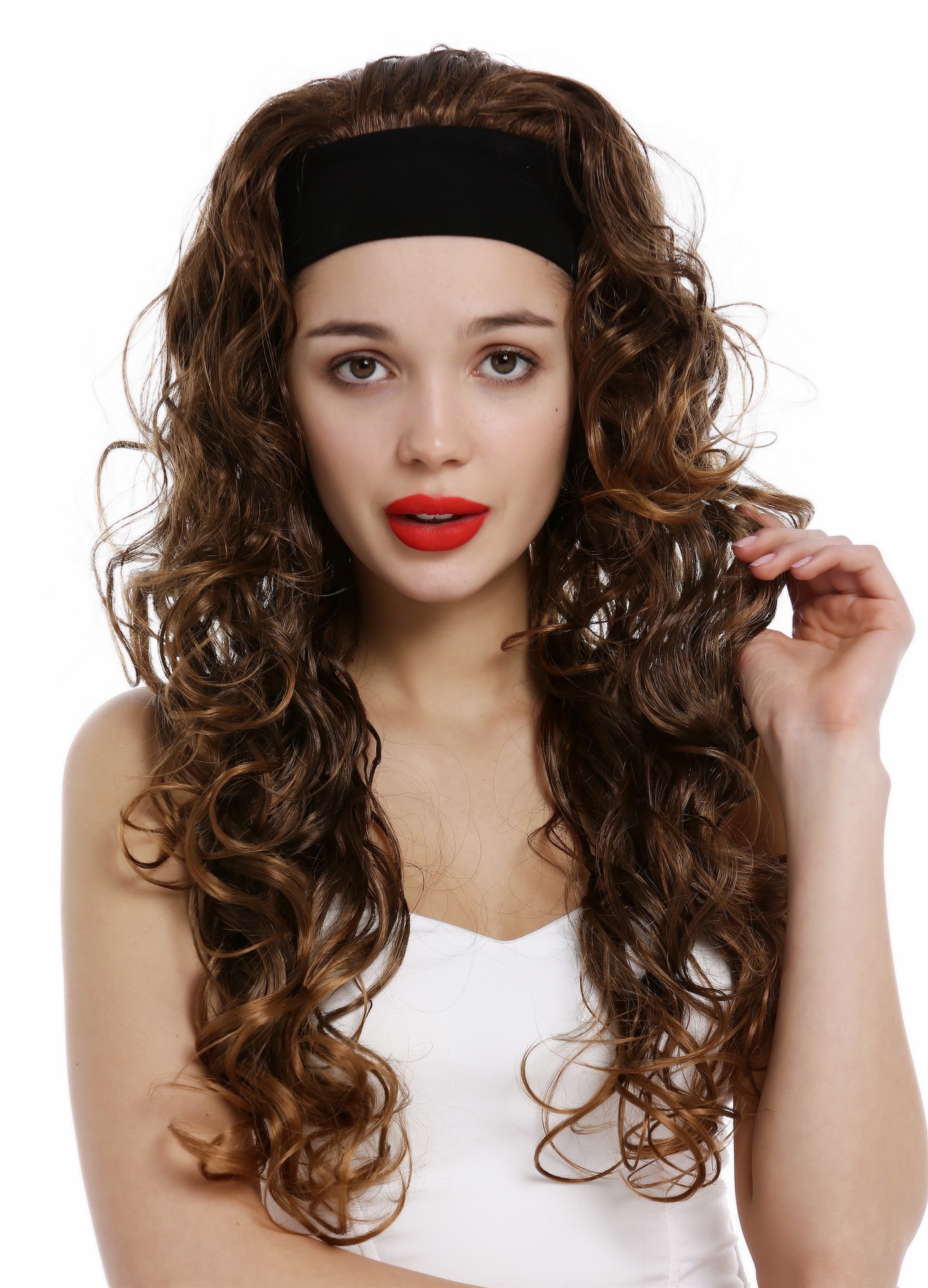 Lady wig headband long curled curly volume curls brown blond highlights VK-27, front view, WIG ME UP: Your Perücken Online Shop Quality Wigs, Ladies, brown-blonde mix, curled, long