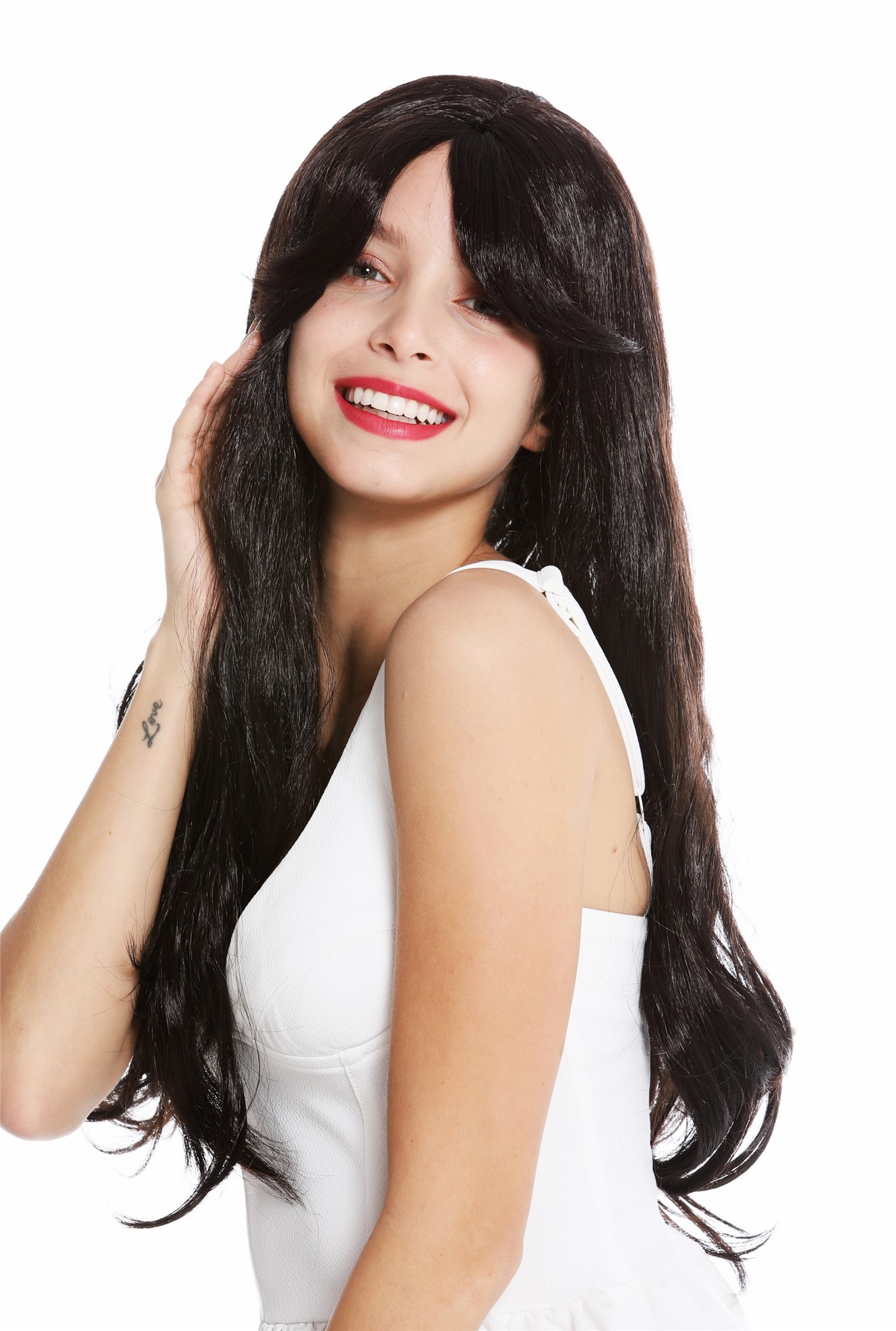 günstige Party Perücke, Perücke lang glatt braun schwarzbraun Schneewittchen 90924-ZA1, Ansicht 2, WIG ME UP: Ihr Perücken Online Shop wellige Party Perücke Schwarzbraun lange Haare für Damen