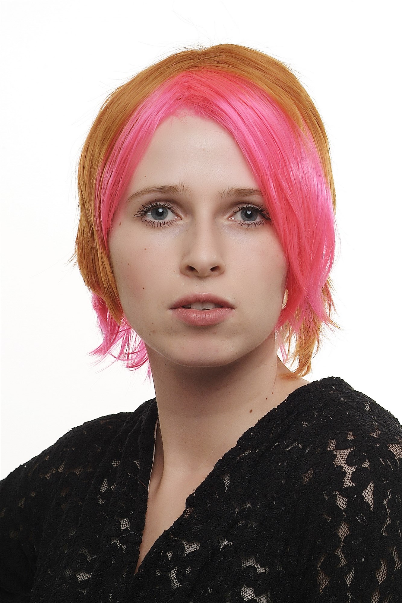hochwertige Qualitätsperücken, Perücke asymmetrischer gemischtes Rot SA045 Punk Cosplay, Ansicht 2, WIG ME UP: Ihr Perücken Online Shop glatte Tressen-Perücke Rosa-Rot/Orange-Mix kurze Haare für Damen