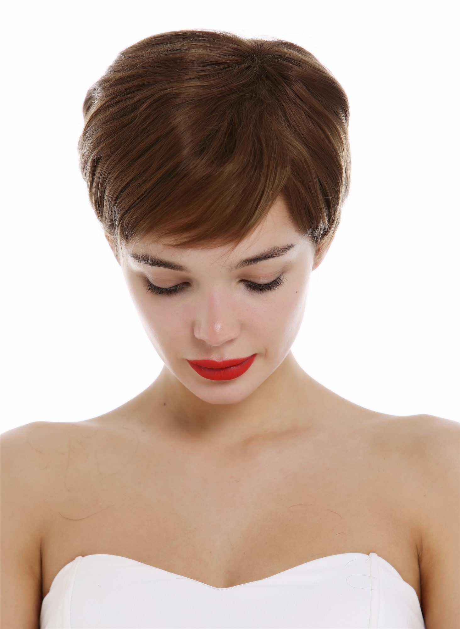 hochwertige Qualitätsperücken, Perücke Echthaar Damen Herren kurz Pixie wellig Scheitel braun DP-HH-10, Ansicht 4, WIG ME UP: Ihr Perücken Online Shop glatte Tressen-Perücke Mittel-Goldbraun kurze Haare für Damen