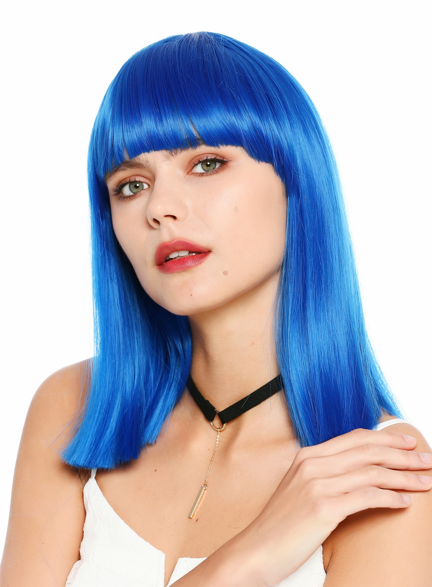 Damenperücke schulterlang blunt cut glatt breiter Pony Disco Blau SZL1498-DHT2517