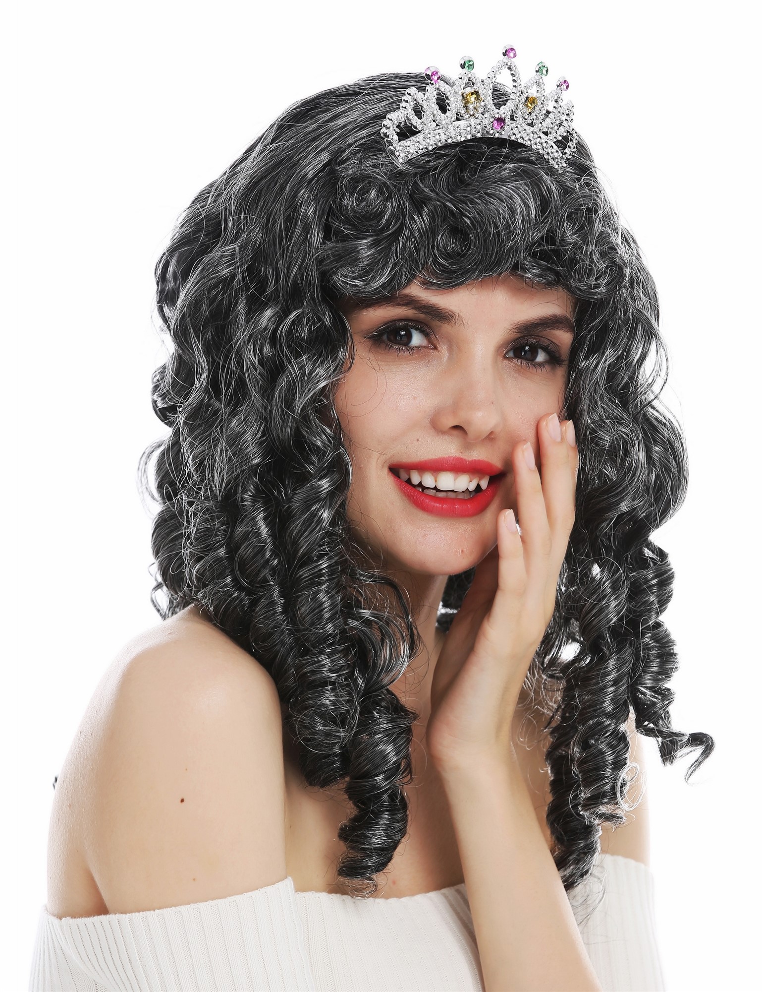 günstige Party Perücke, Perücke Königin Fee Prinzessin grau Locken Tiara 68840-P103-68, Ansicht 2, WIG ME UP: Ihr Perücken Online Shop lockige Party Perücke Dunkelgrau schulterlange Haare für Damen