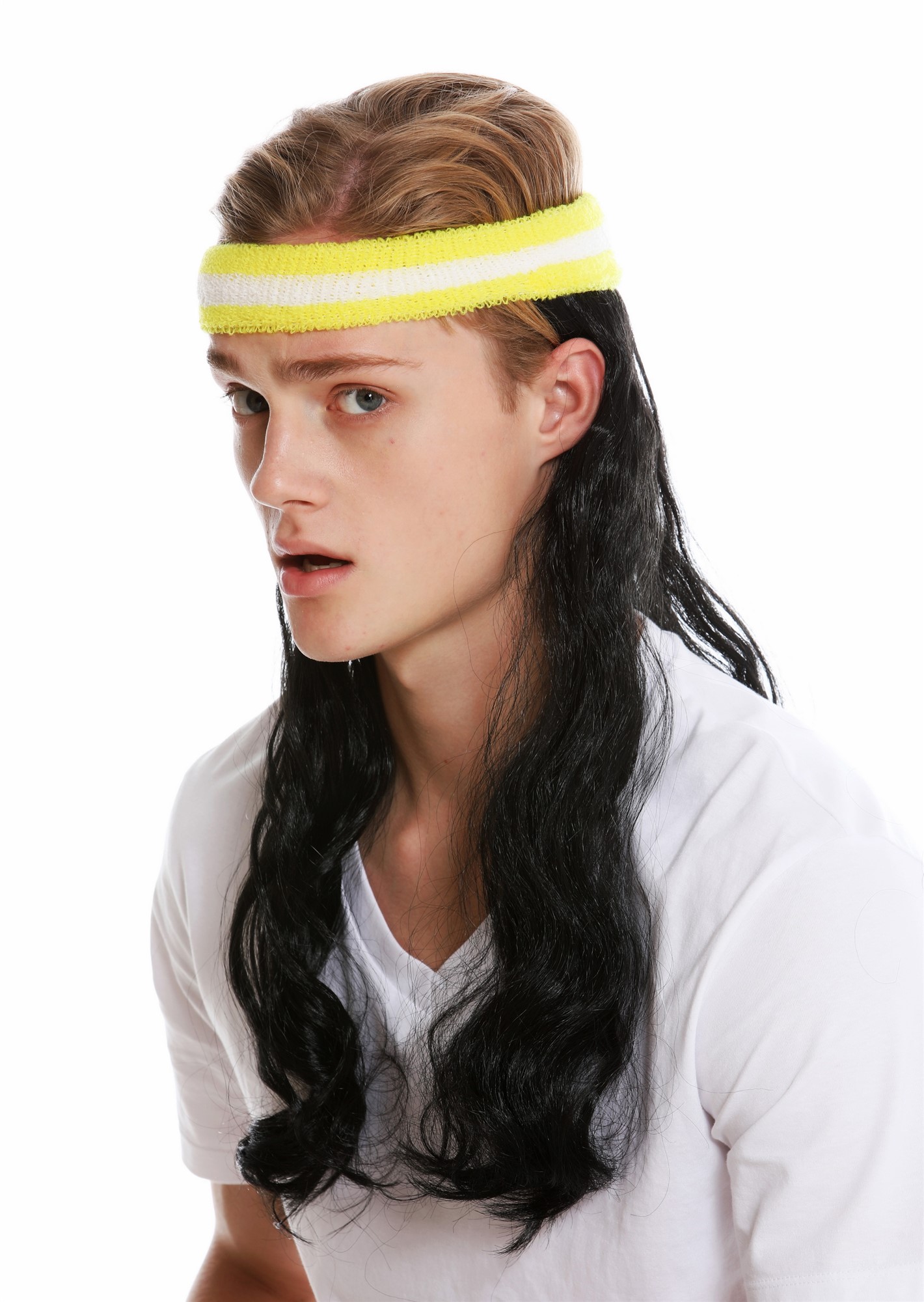 günstige Party Perücke, Perücke Stirnband lange Haare Vokuhila Proll 80er Schwarz CXH-014-P103, Ansicht 3, WIG ME UP: Ihr Perücken Online Shop wellige Party Perücke Pechschwarz schulterlange Haare Unisex