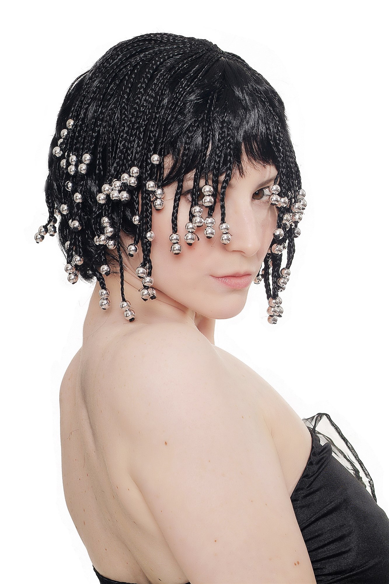 Halloween Lady wig braided hair pearls Beach Hippe Goa Thailand Caribbean 4199, view 3, WIG ME UP: Your Perücken Online Shop Party Wig, Ladies, Black, curled, short