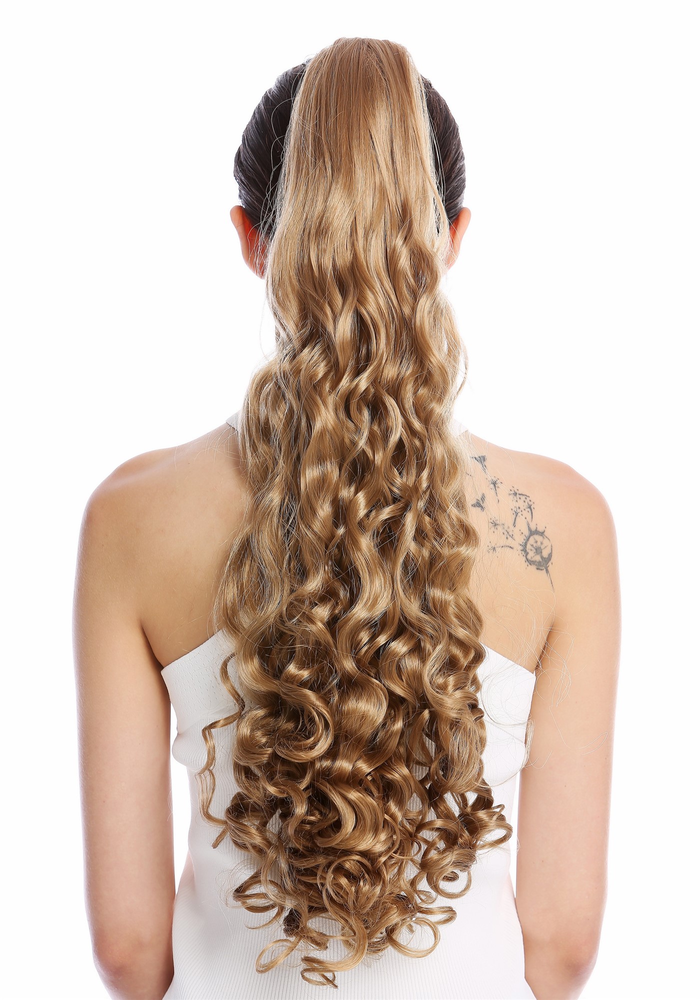 Ponytails, dark blonde, curled, long