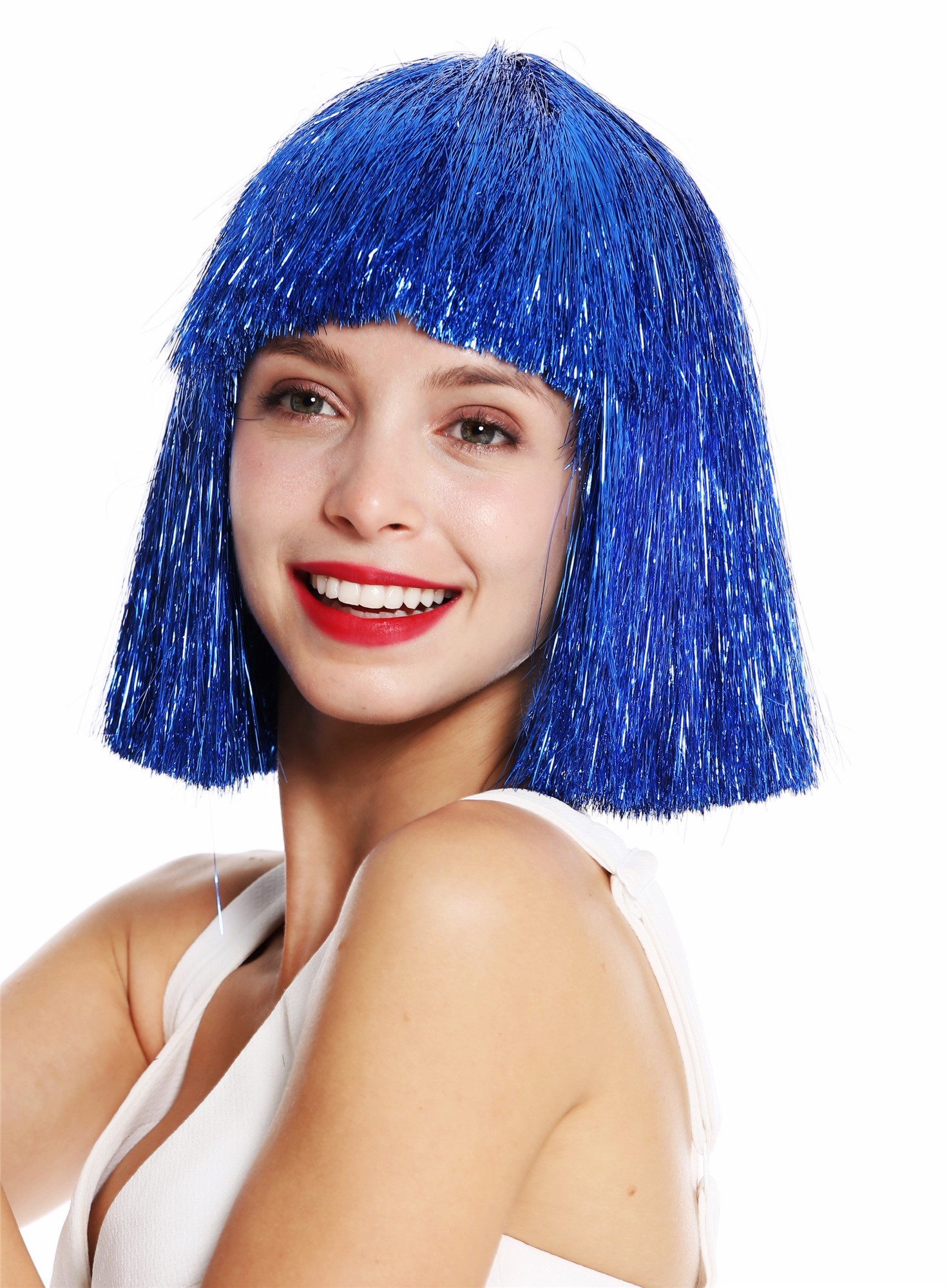 Women's wig sleek fringe bangs shoulder length blue tinsel glitter VK-42, view 3, WIG ME UP: Your Perücken Online Shop Quality Wigs, Ladies, neon blue, straight, shoulder-length