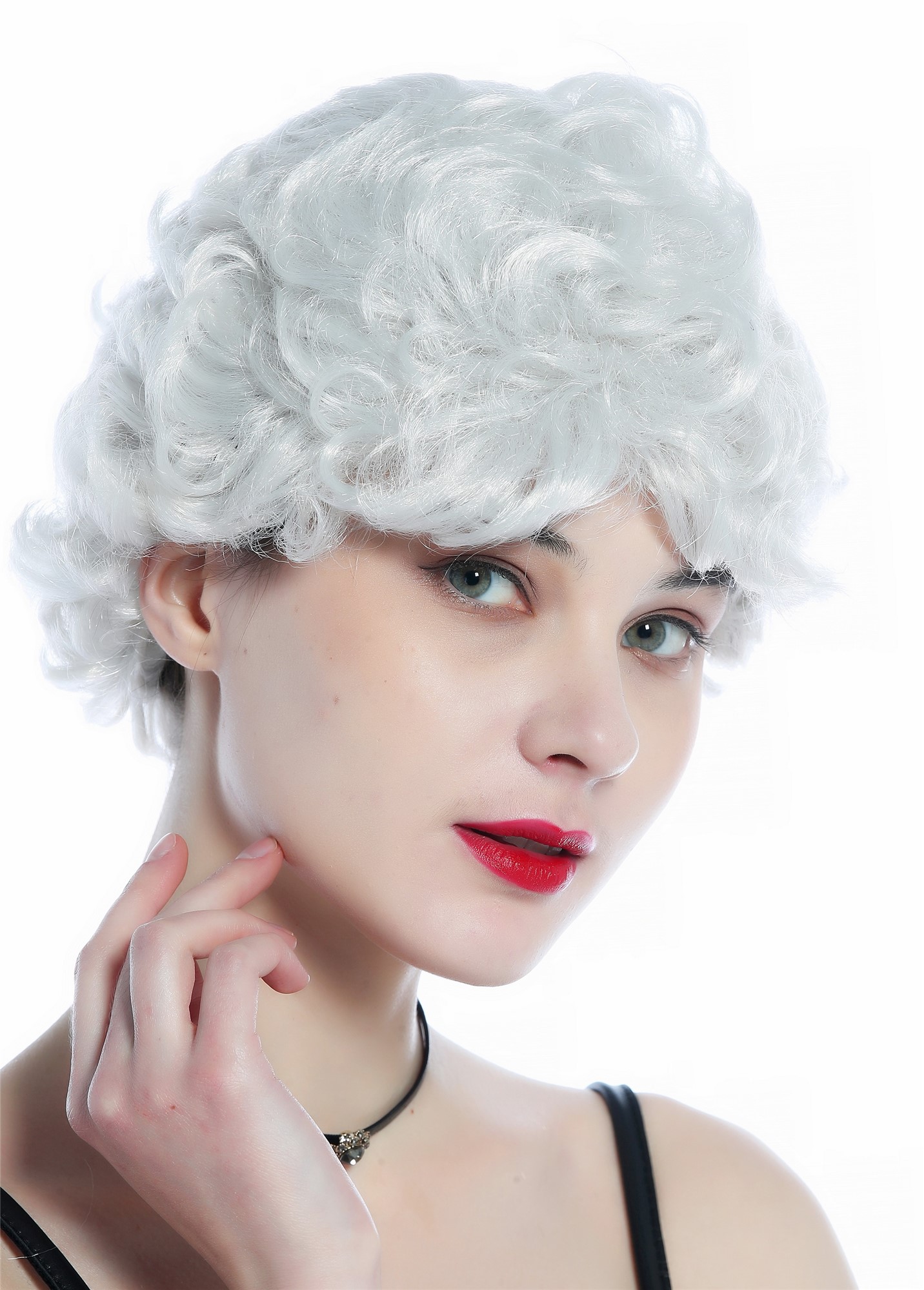 Wig Halloween Women Men short white grey wavy curled grandma grandpa 215223, view 2, WIG ME UP: Your Perücken Online Shop Party Wig, Ladies, silver-white, curled, short