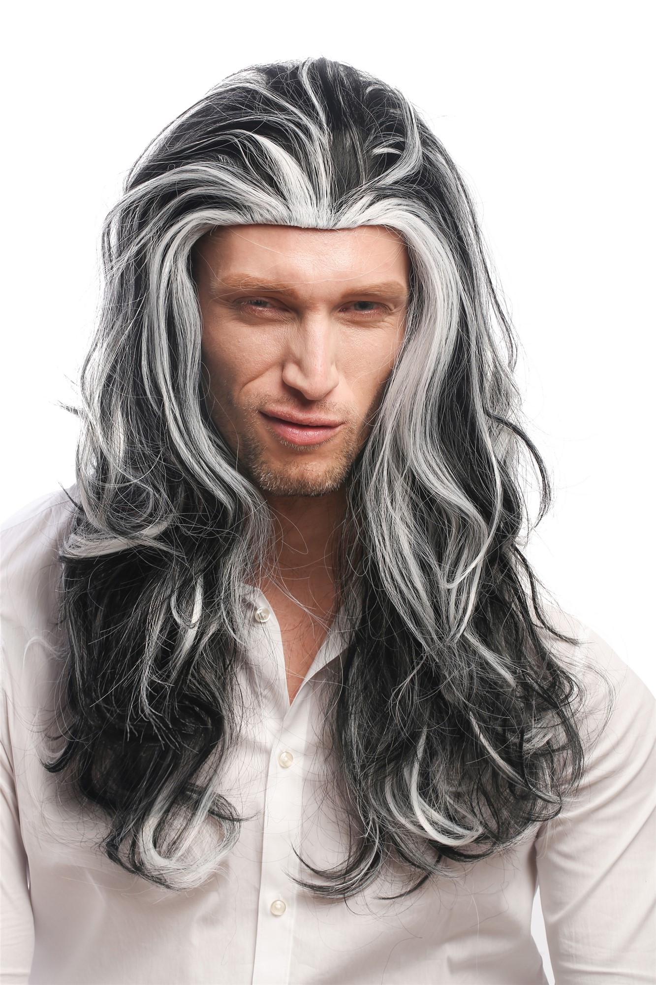 Lady Man Party Wig Halloween long wavy black grey white streaks strands 29938B, front view, WIG ME UP: Your Perücken Online Shop Party Wig, Men, Black-and-white, wavy, long