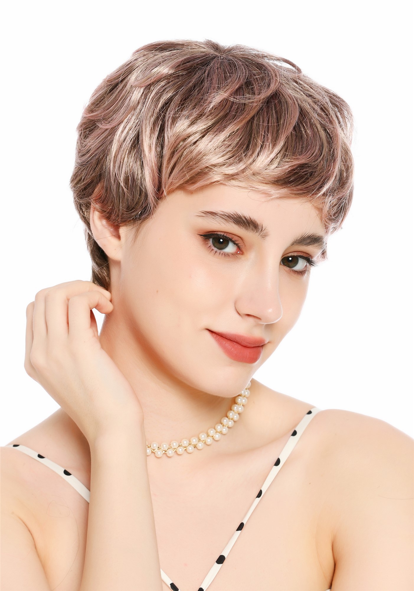 Perücke Damen Herren burschikos androgyn unsisex kurz wild gewellt Blond Mix Rosa Strähnchen VK-72-2215T