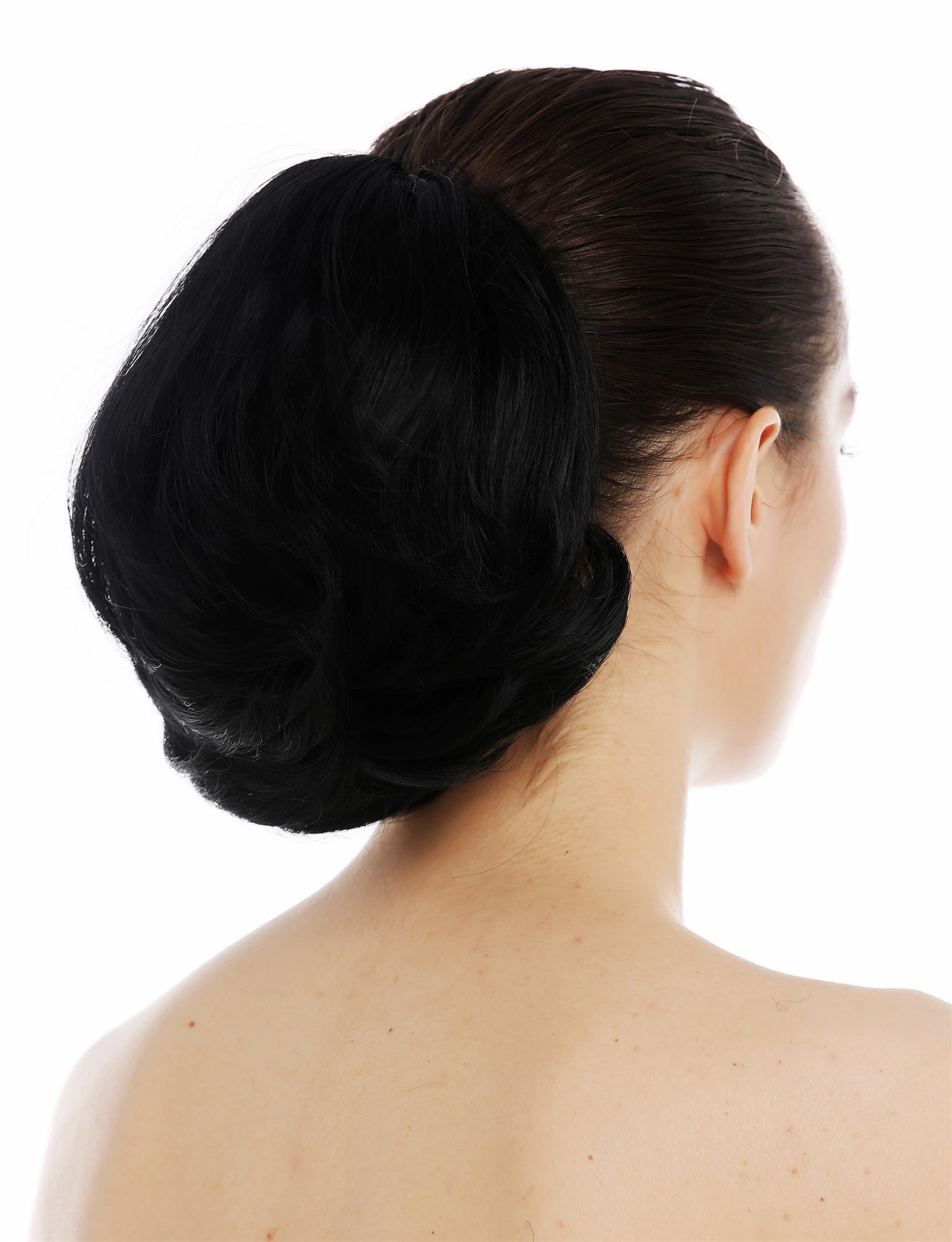 hochwertiger Pferdeschwanz Zopf kurz voluminös glatt geschwungen Schwarz TYP-440-1B, Vorderansicht, WIG ME UP: Ihr Perücken Online Shop glattes Zopf-Haarteil Samtschwarz 15 cm lang