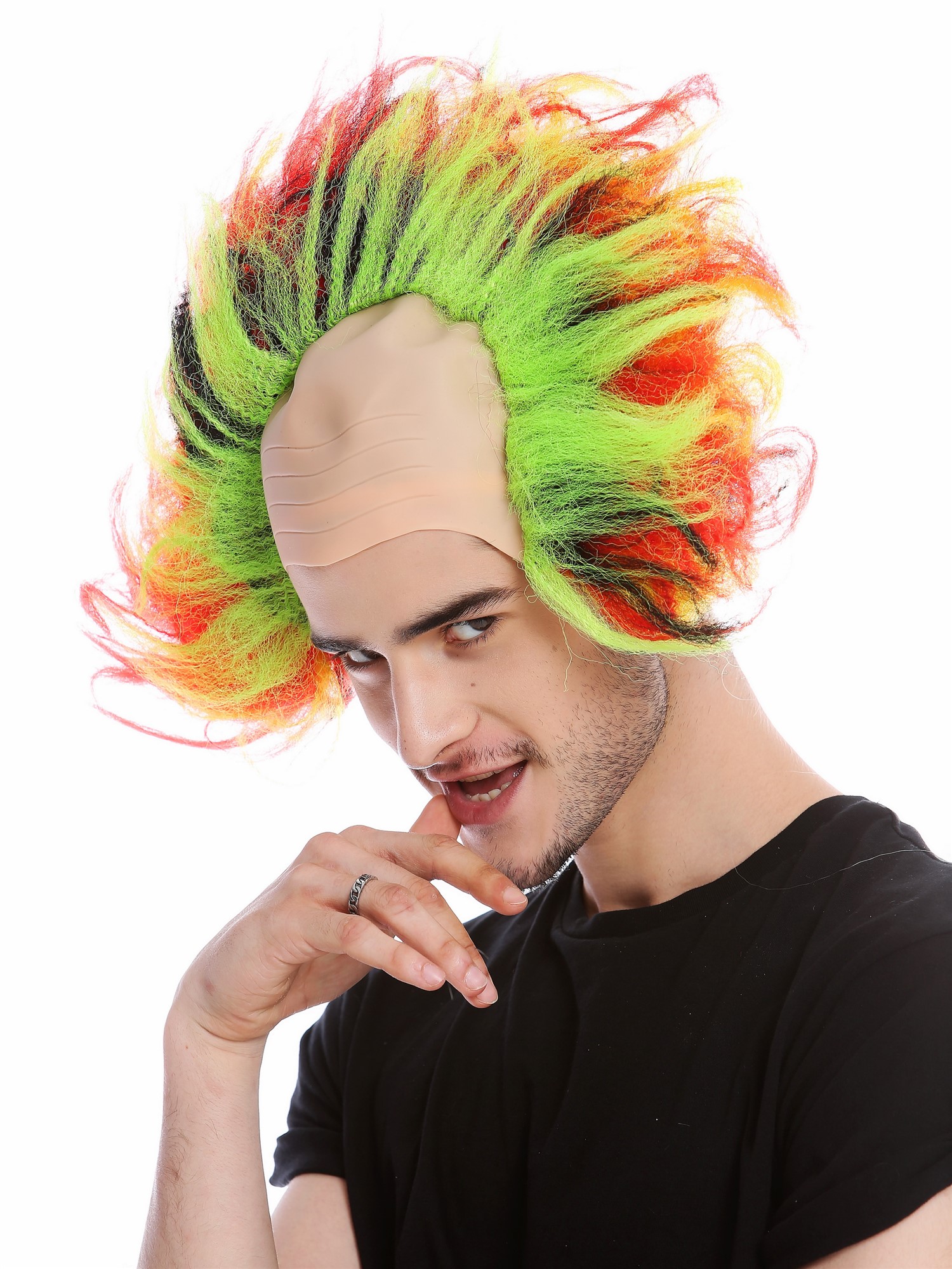 günstige Party Perücke, Perücke Glatze Toupiert Dämon Rot Schwarz Grün Gelb 91532, Ansicht 2, WIG ME UP: Ihr Perücken Online Shop wellige Party Perücke Mehrfarbig schulterlange Haare Unisex
