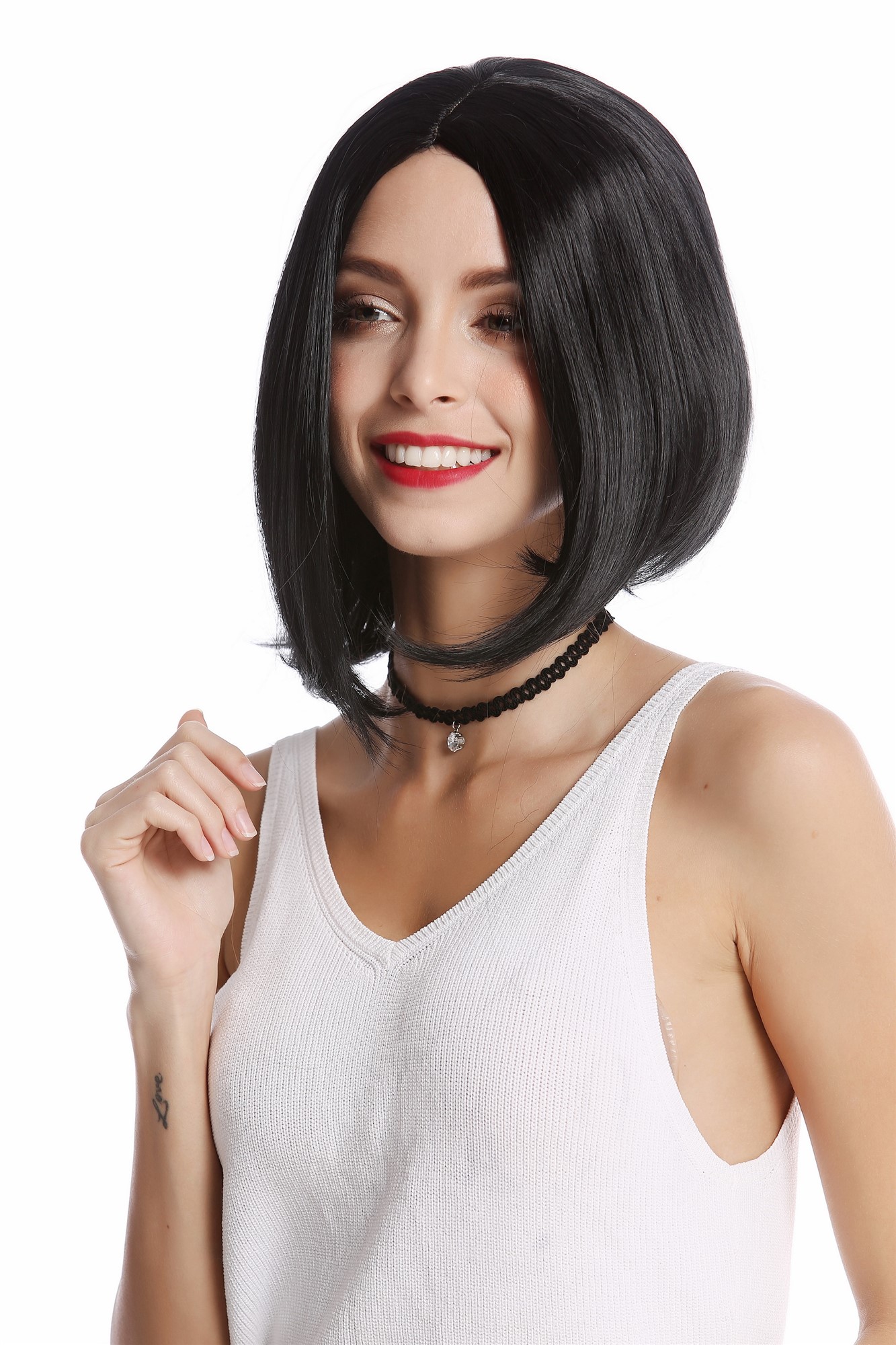 YZF-4370-1  Wig short shoulder length Bob Longbob straight middle parting deep black, front view, WIG ME UP: Your Perücken Online Shop Quality Wigs, Ladies, Black, straight, short