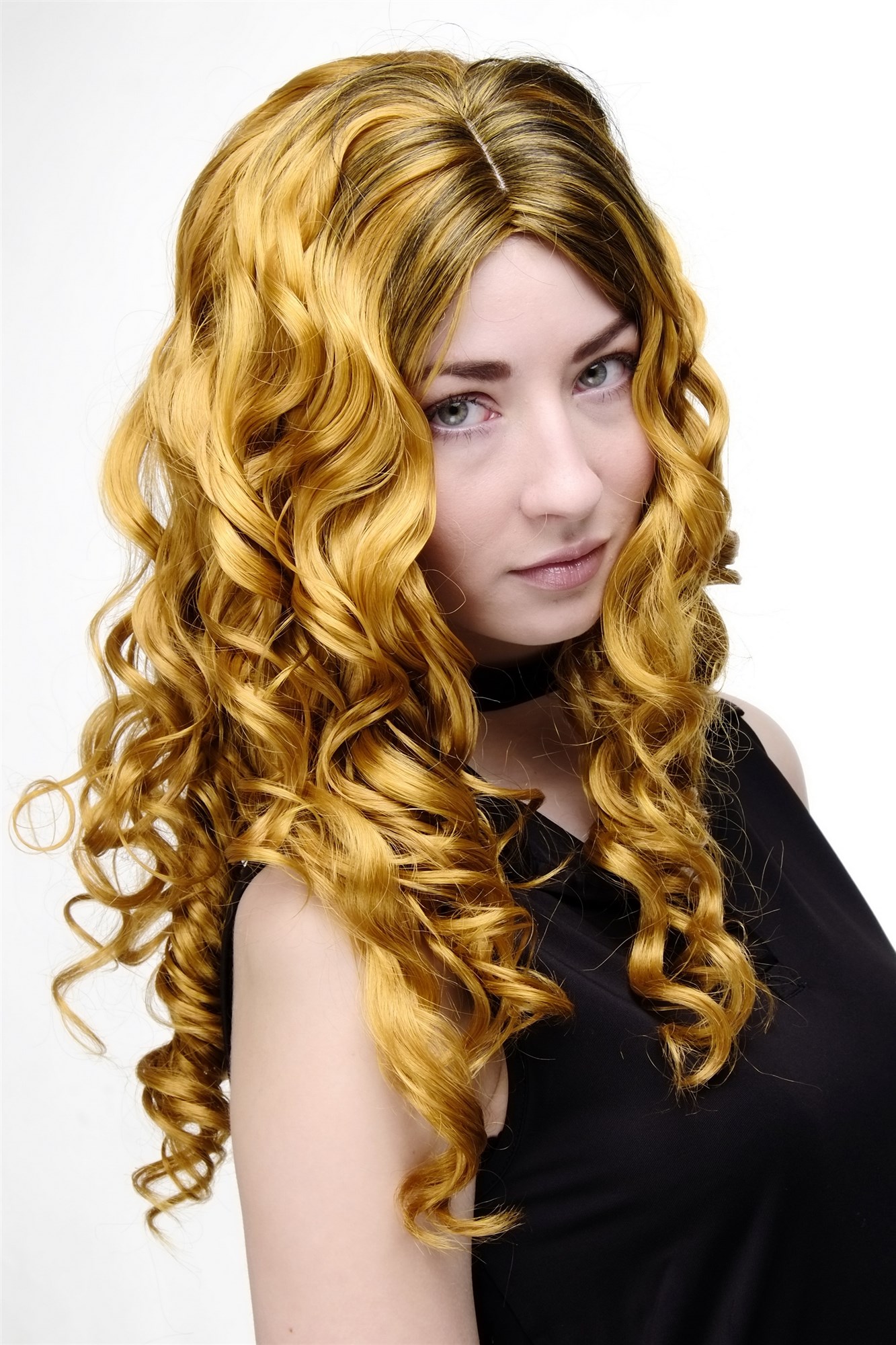 hochwertige Qualitätsperücken, Perücke Gold Schwarz Locken GFW1682-144+1, Ansicht 3, WIG ME UP: Ihr Perücken Online Shop lockige Tressen-Perücke mit Kopfhaut-Imitat Schwarz + Gold-Bronze lange Haare für Damen