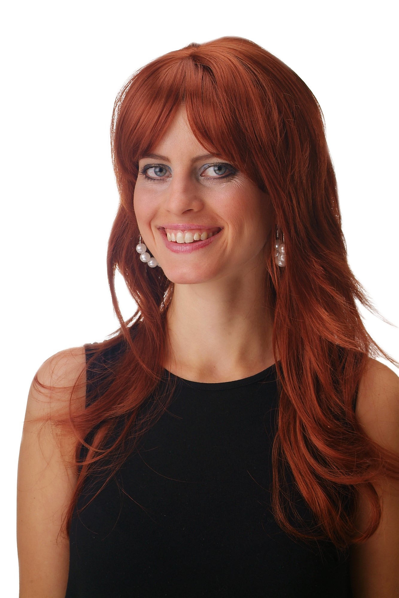 Lady wig long slightly wavy fringe parted sideways light copper red brown GFW242, front view, WIG ME UP: Your Perücken Online Shop Quality Wigs, Ladies, reddish brown, wavy, long