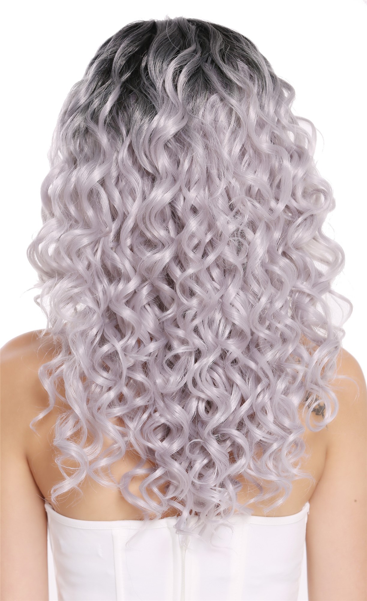 hochwertige Qualitätsperücken, Perücke Locken Volumen Lang Scheitel Ombre Schwarz Grau RGF-6467C-T1B/SILVER, Ansicht 4, WIG ME UP: Ihr Perücken Online Shop lockige Tressen-Perücke mit Kopfhaut-Imitat Schwarz-Silbergrau lange Haare für Damen