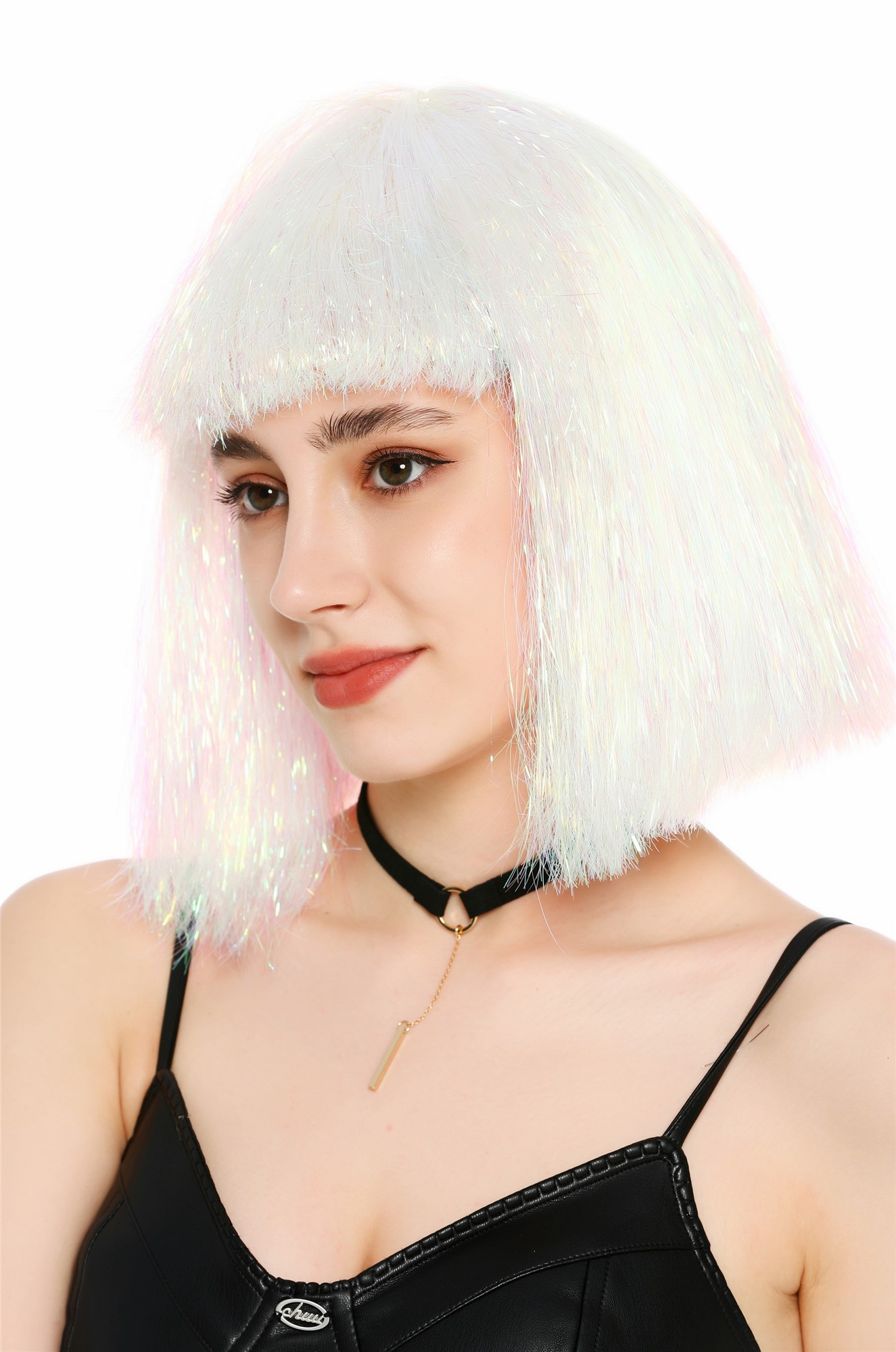 Perücke Damen Glitzer Lametta Tinsel Look Longbob Pony Disco Glam Weiß Rosa VK-42-TN13
