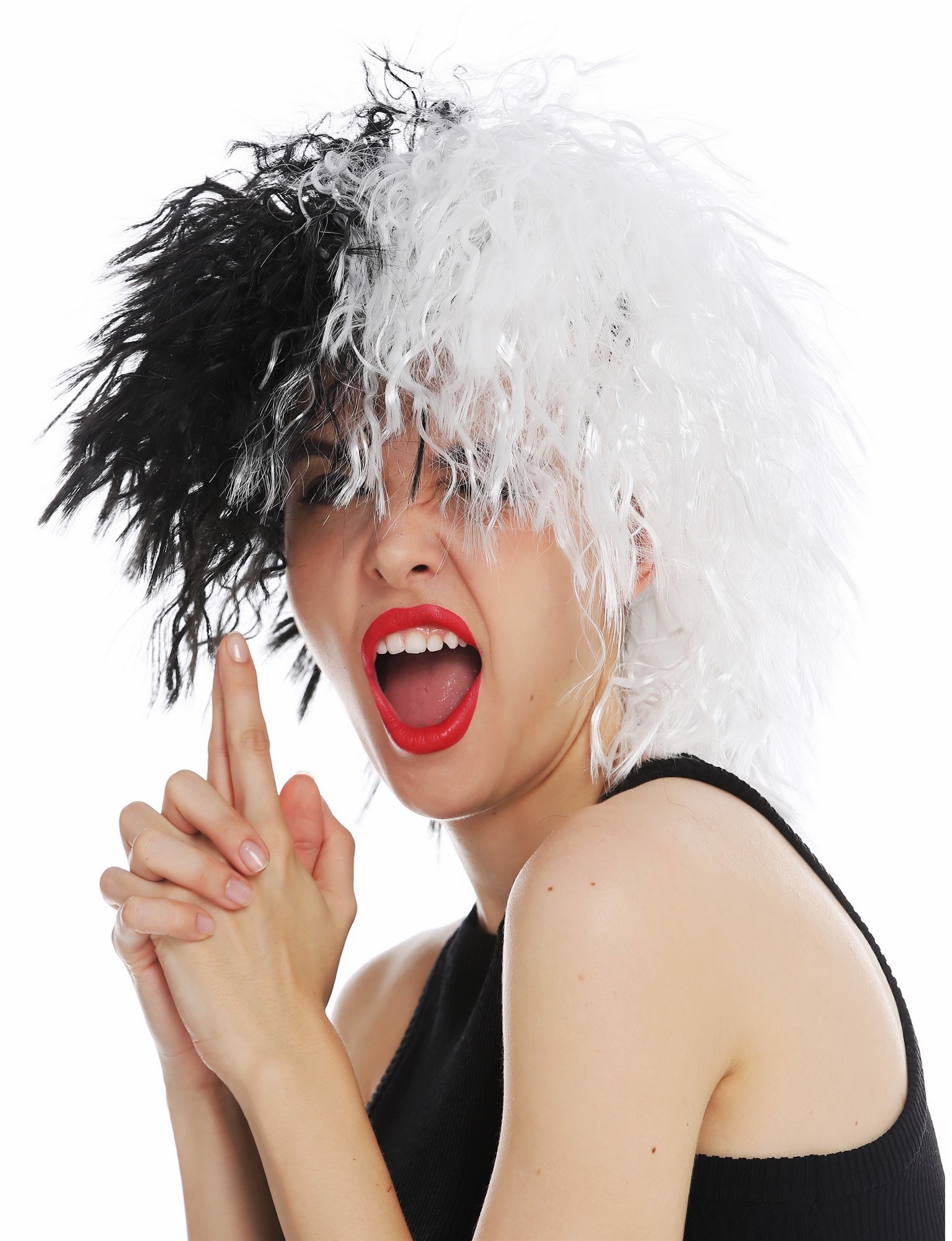 günstige Party Perücke, Perücke voluminös wild wellig Schwarz Weiß Hälften 30720-P103-68, Ansicht 3, WIG ME UP: Ihr Perücken Online Shop wellige Party Perücke Tiefschwarz-Weiß-Mix schulterlange Haare Unisex