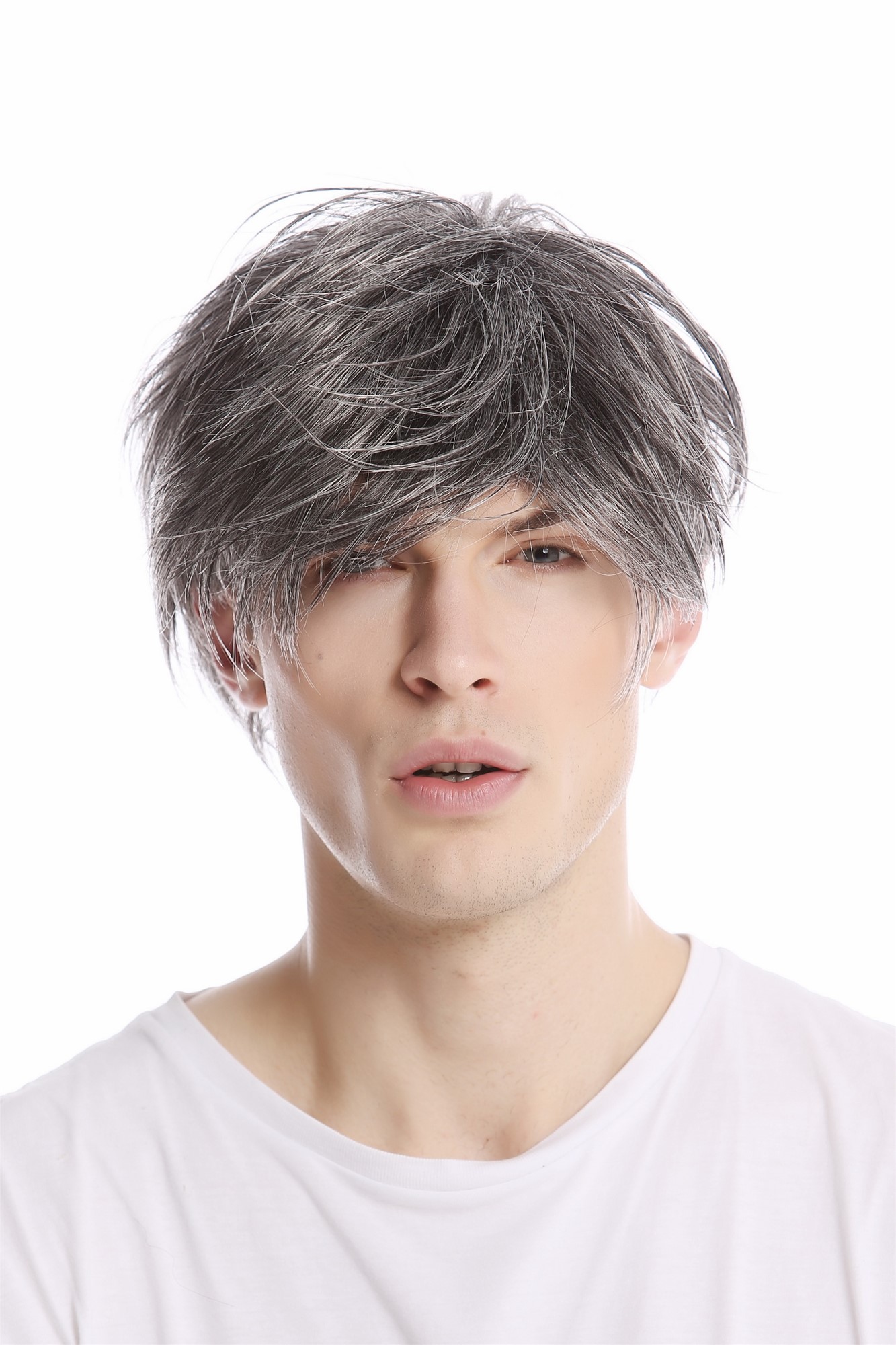 Men Gents Wig short casual to wild backcombed teased up youthful modern look dark grey gray, front view, WIG ME UP: Your Perücken Online Shop Quality Wigs, Men, dark brown-gray mix, straight, short