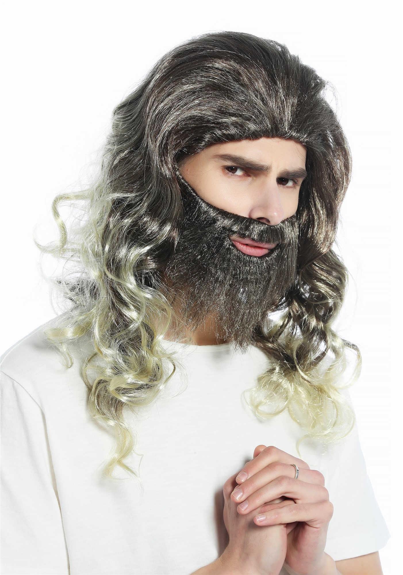 Wig & beard brown streaked with blond wild curled prophet hipster hermit CW-024, view 2, WIG ME UP: Your Perücken Online Shop Party Wig, Men, Brown,Blonde, wavy, shoulder-length