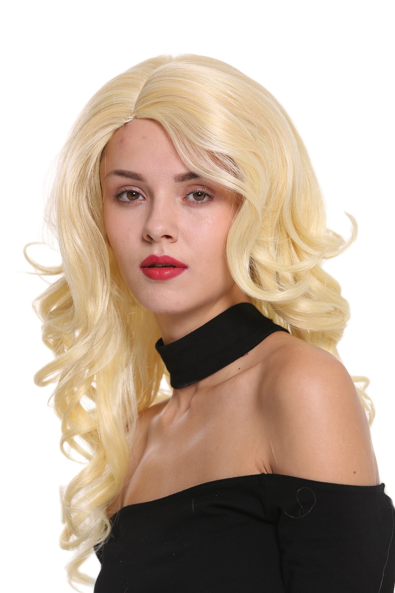 hochwertige Qualitätsperücken, Perücke Wellig Scheitel Hellblond DW1948-220-763, Vorderansicht, WIG ME UP: Ihr Perücken Online Shop wellige Tressen-Perücke mit Kopfhaut-Imitat Hellblond-Goldblond-Mix lange Haare für Damen