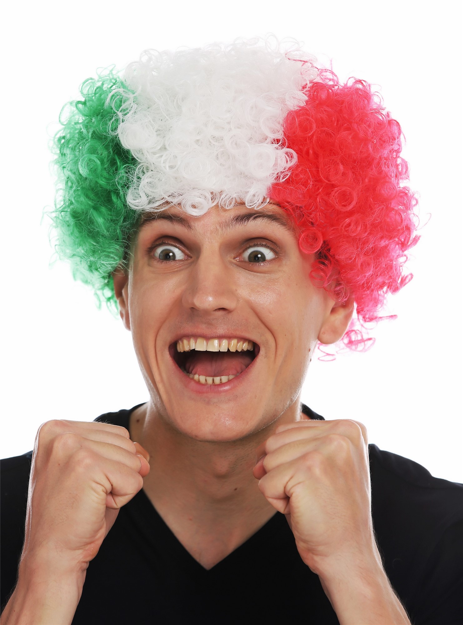Fan wig afro soccer football Hungary Mexico Italy green white red MMAM-15M , front view, WIG ME UP: Your Perücken Online Shop Party Wig, Unisex, Green, White, Red, curled, short