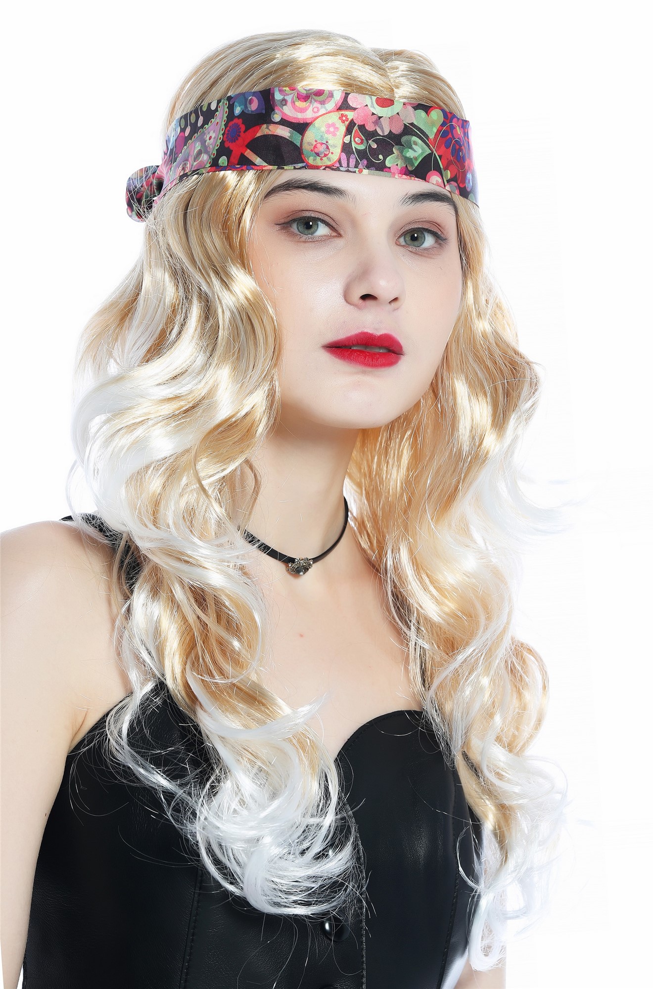 günstige Party Perücke, Perücke Stirnband lang blond platinblond gesträhnt Hippie 70er CW-029-P27TP60, Ansicht 3, WIG ME UP: Ihr Perücken Online Shop wellige Party Perücke Goldblond mit weißblonde spitzen lange Haare für Damen